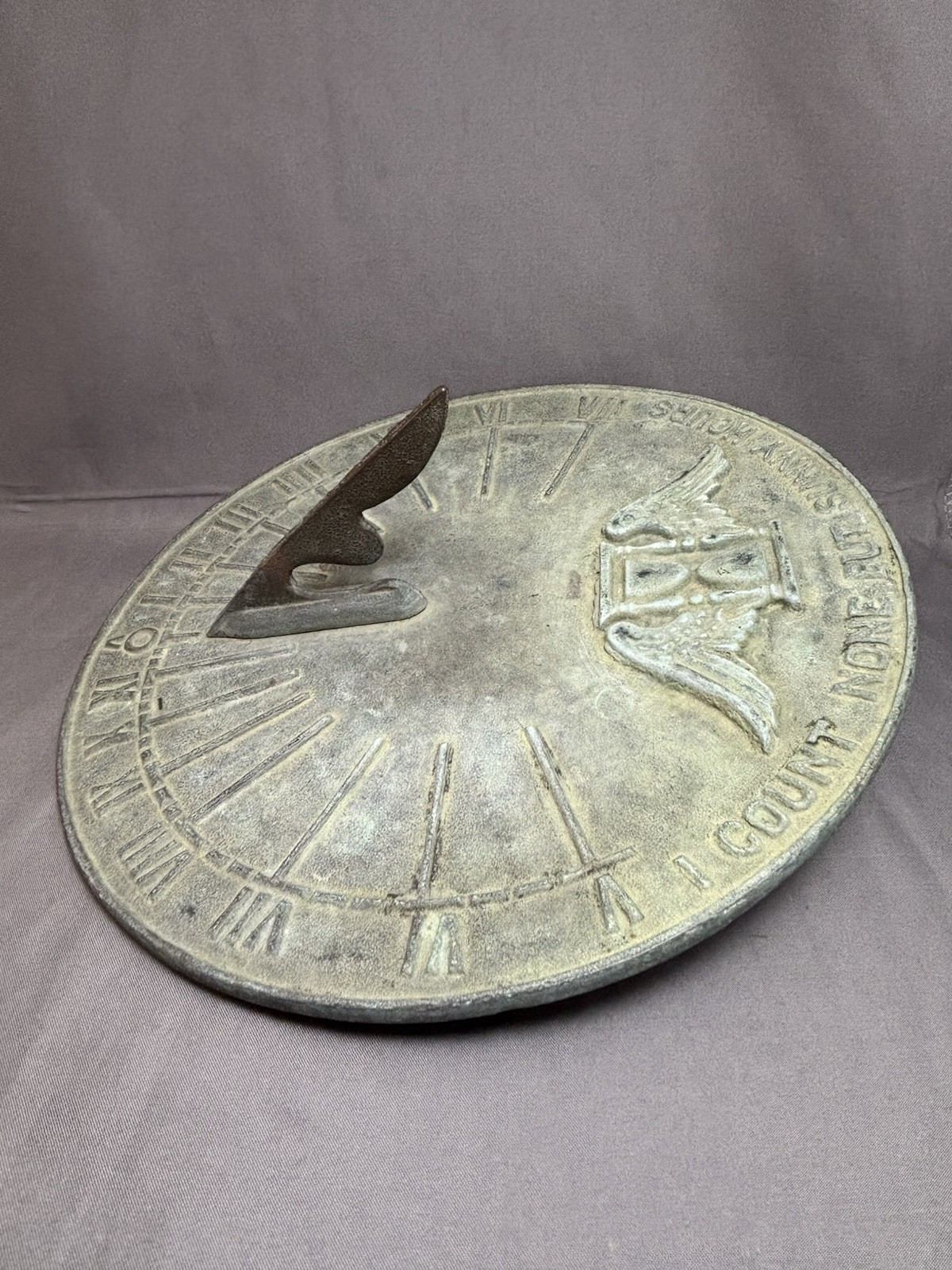 VTG BRASS 9” Sundial I Count None But Sunny Hours Winged Hourglass Garden Patina