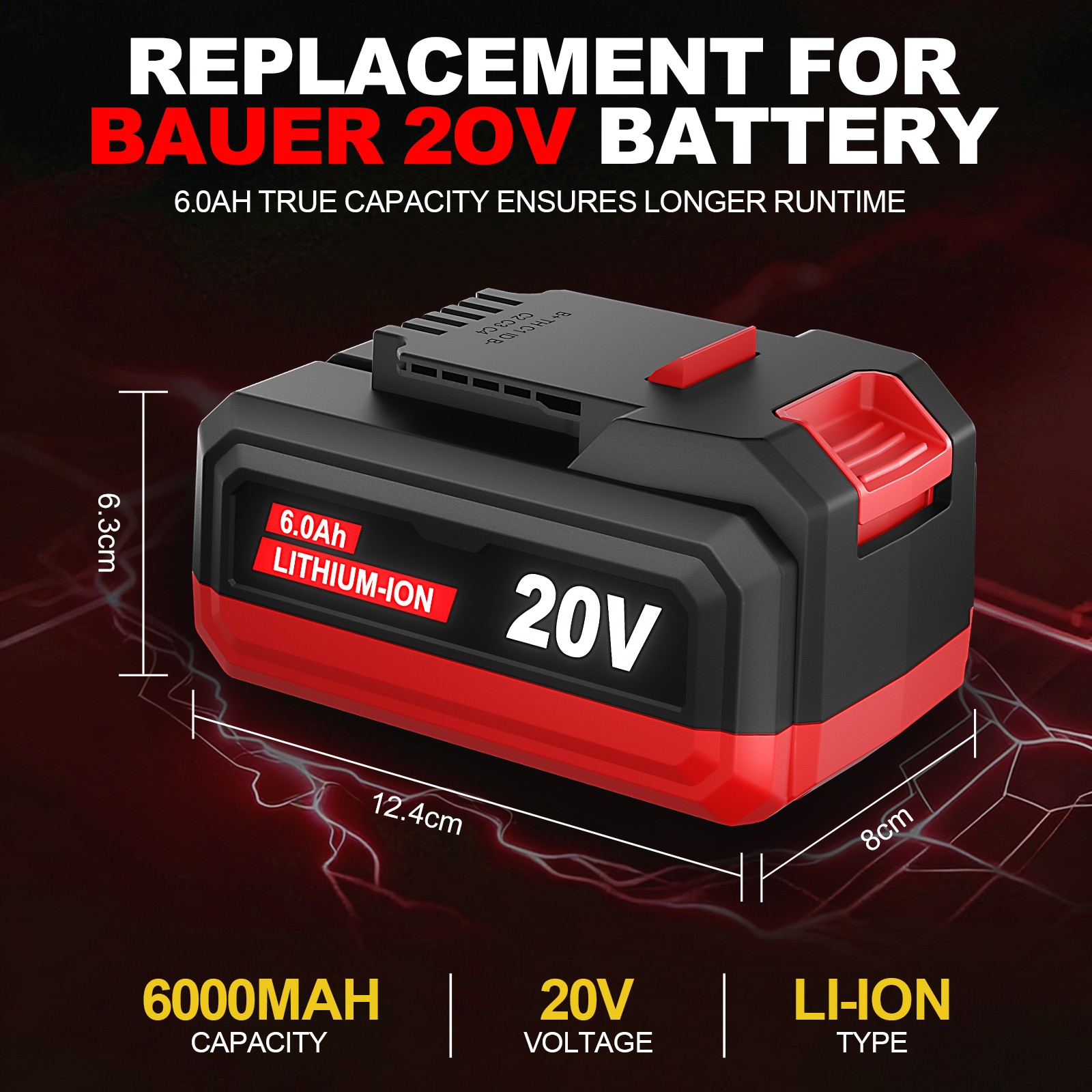 20V 6Ah Lithium-Ion Replacement Battery Pack for Bauer 20V Cordless Power Tools