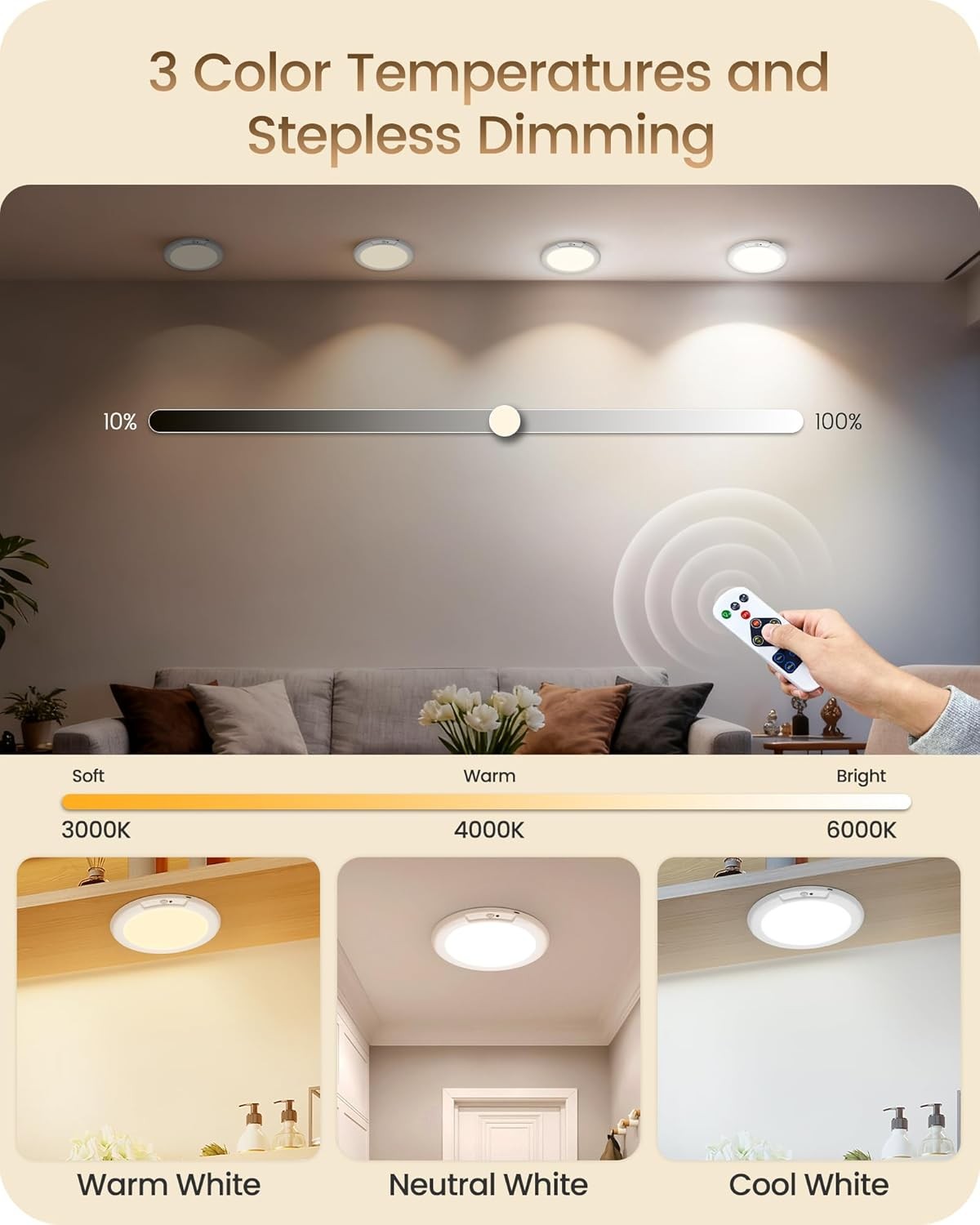 2/4 Pack Wireless Rechargeable Motion Sensor Ceiling Light with Remote Control