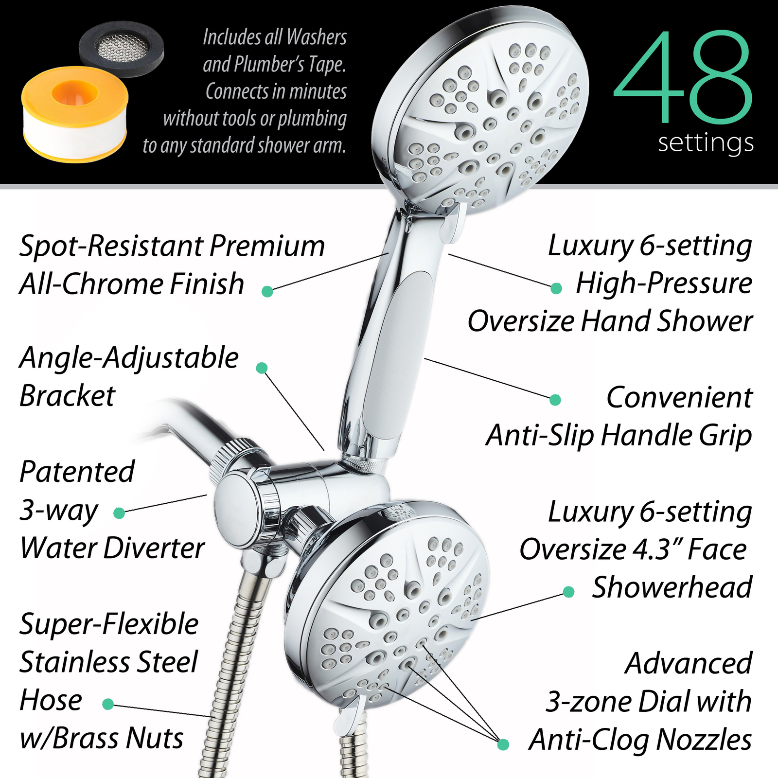 NOTILUS High-Pressure 48-Setting 3-Way Twin 4.3 Inch Shower Head Combo