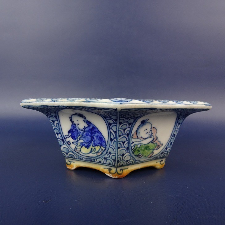 Shoseki Ishida Japanese Bonsai Pot Hexagonal Polychrome L11.8cm 4.6in Vintage