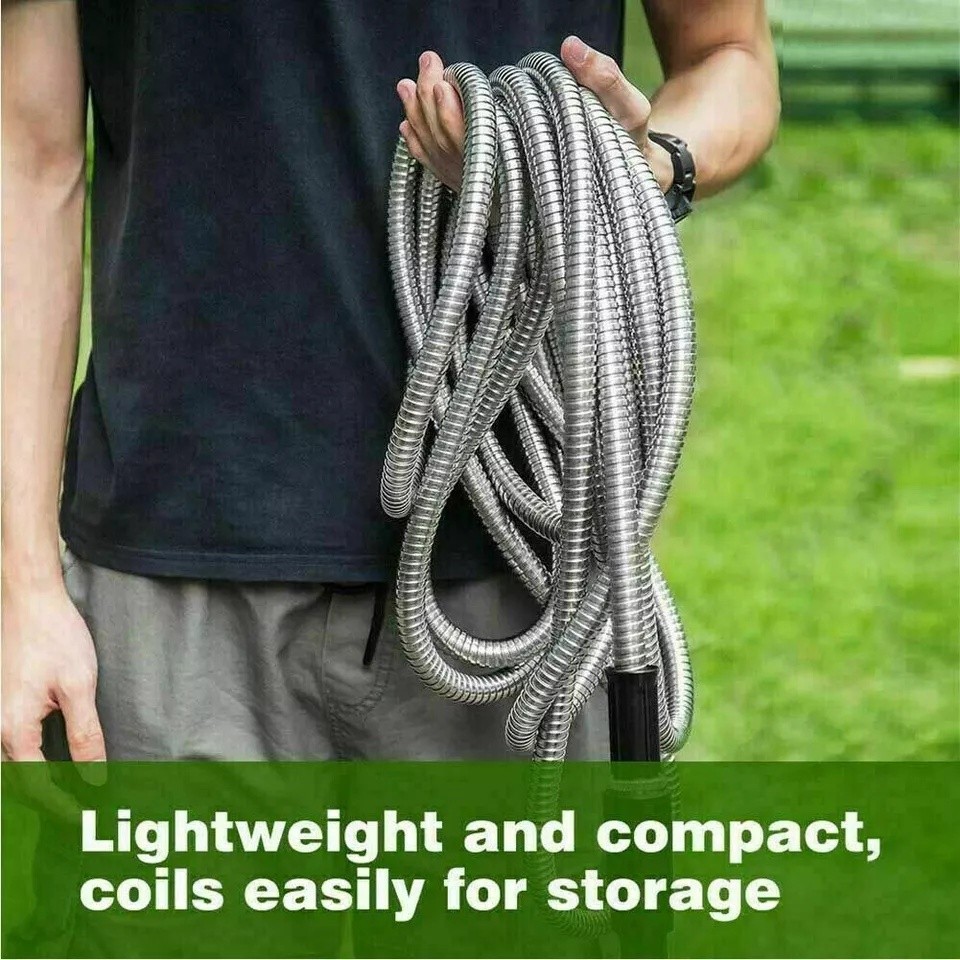 25/50/75/100/150FT Stainless Steel Metal Garden Water Hose Pipe Lightweight