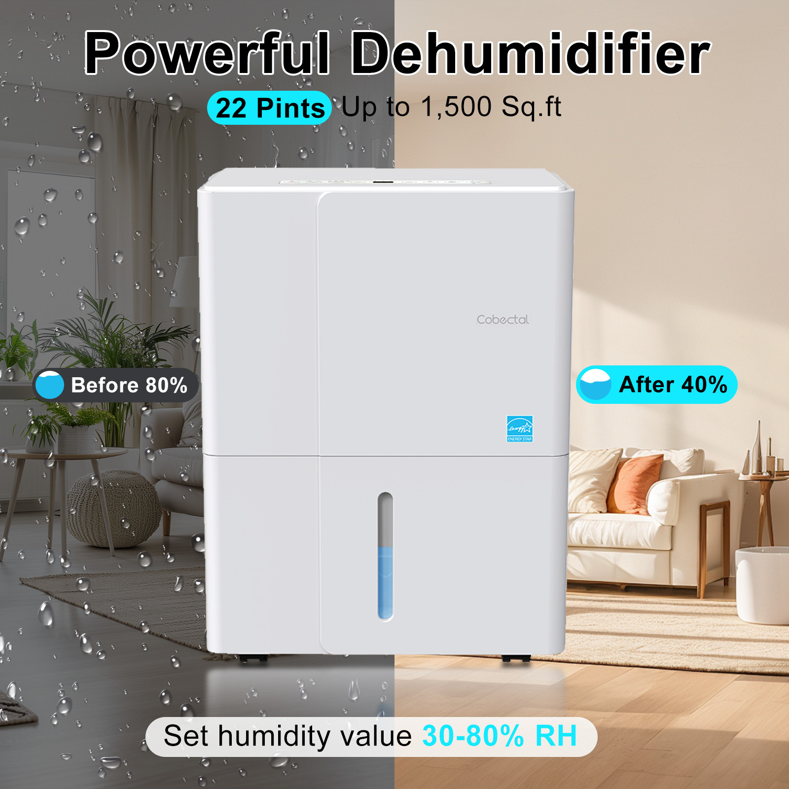 1500 Sq.Ft 22 Pint Dehumidifier for Basement Home 1.2 Gal Water Tank