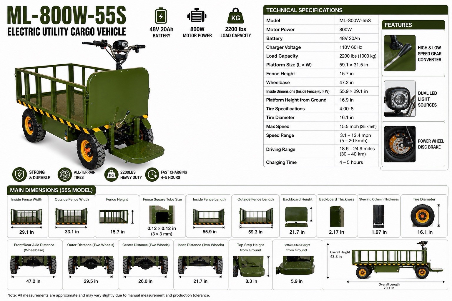 Electric Utility Cart 800W 48V 4 Wheel Cargo Wagon 1000kg Farm Truck from LA
