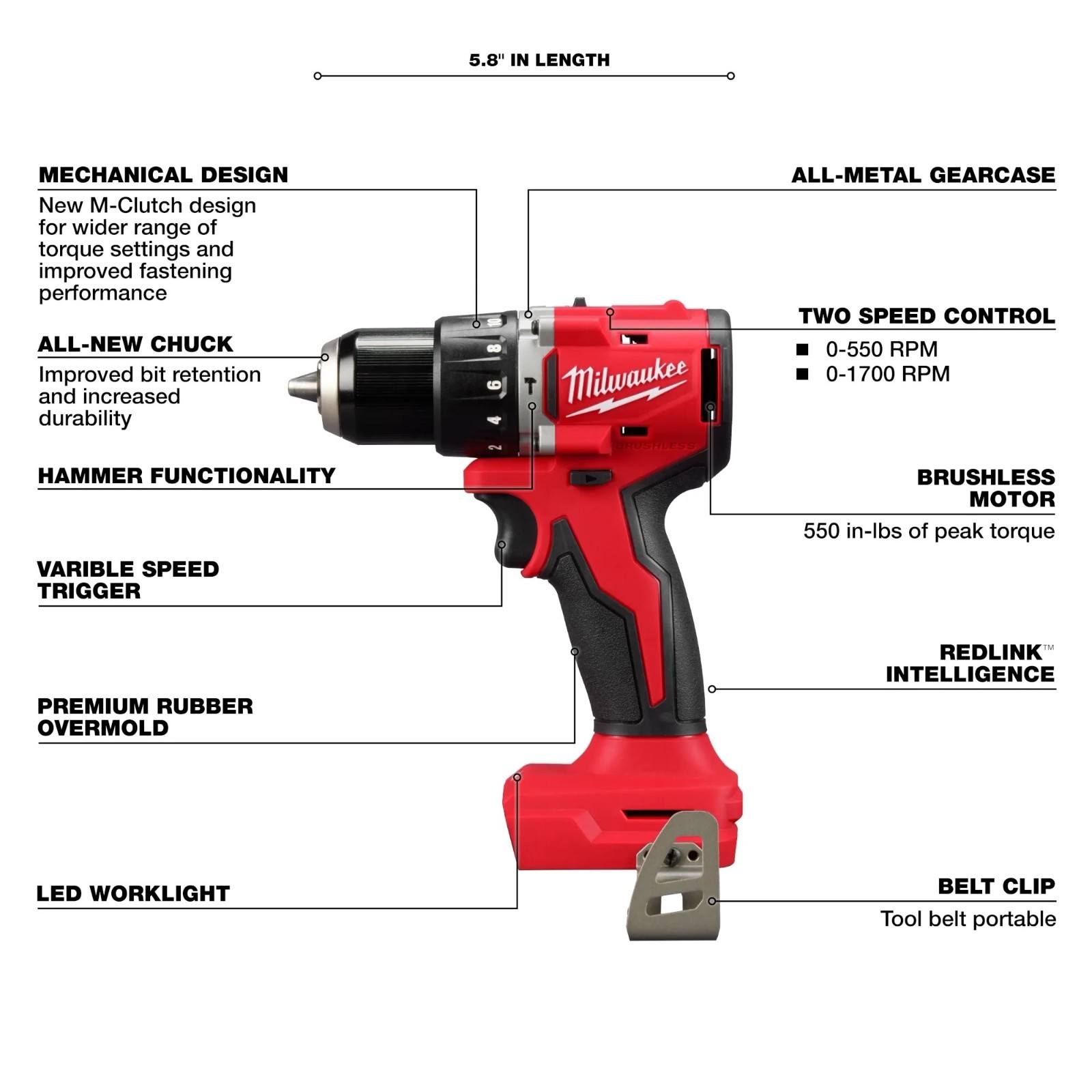 Milwaukee 3602-20 18 Volt M18 Compact Brushless 1/2″ Hammer Drill/Driver