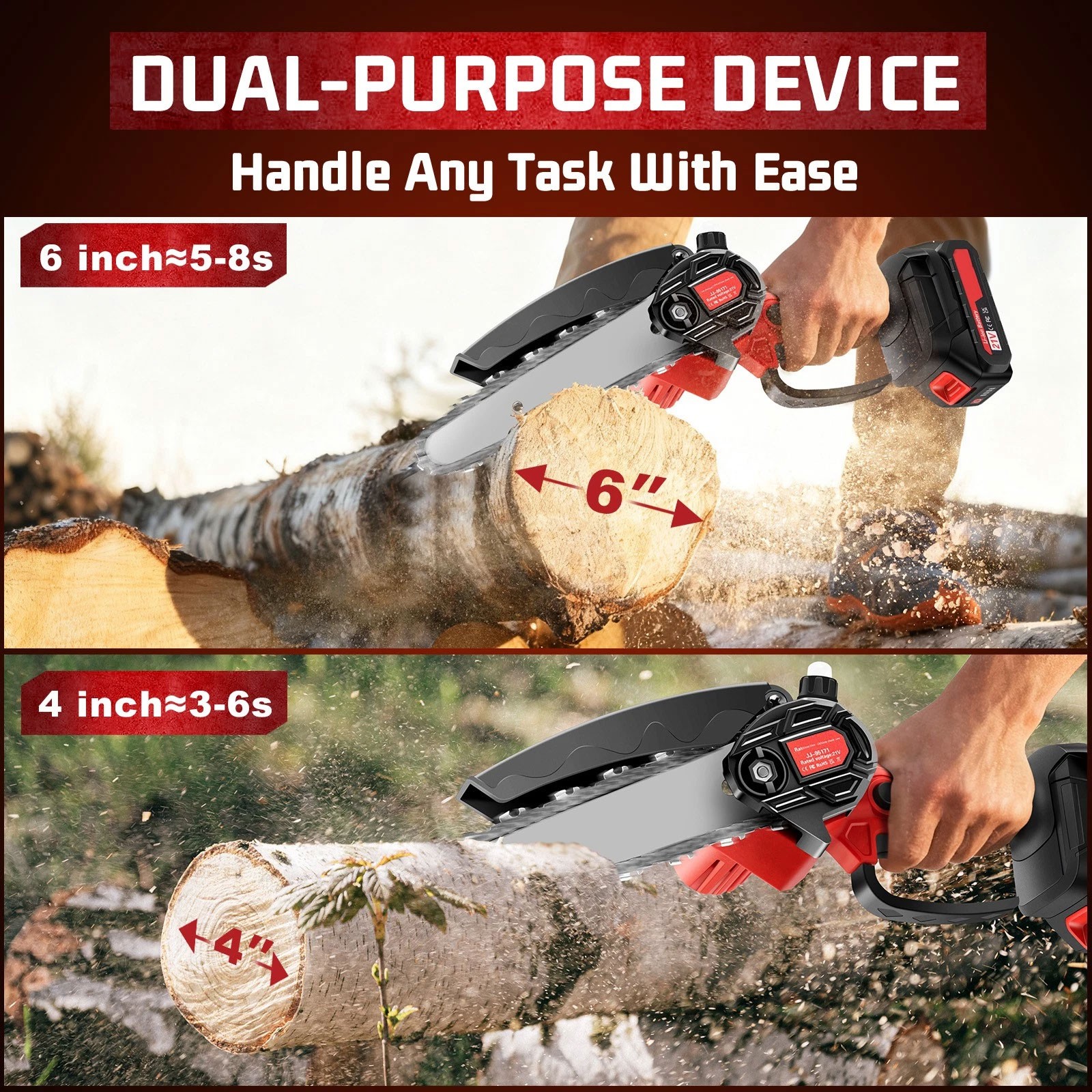 4″+6″ Portable Cordless Chainsaw Electric Lightweight Handheld Chain Saw Battery