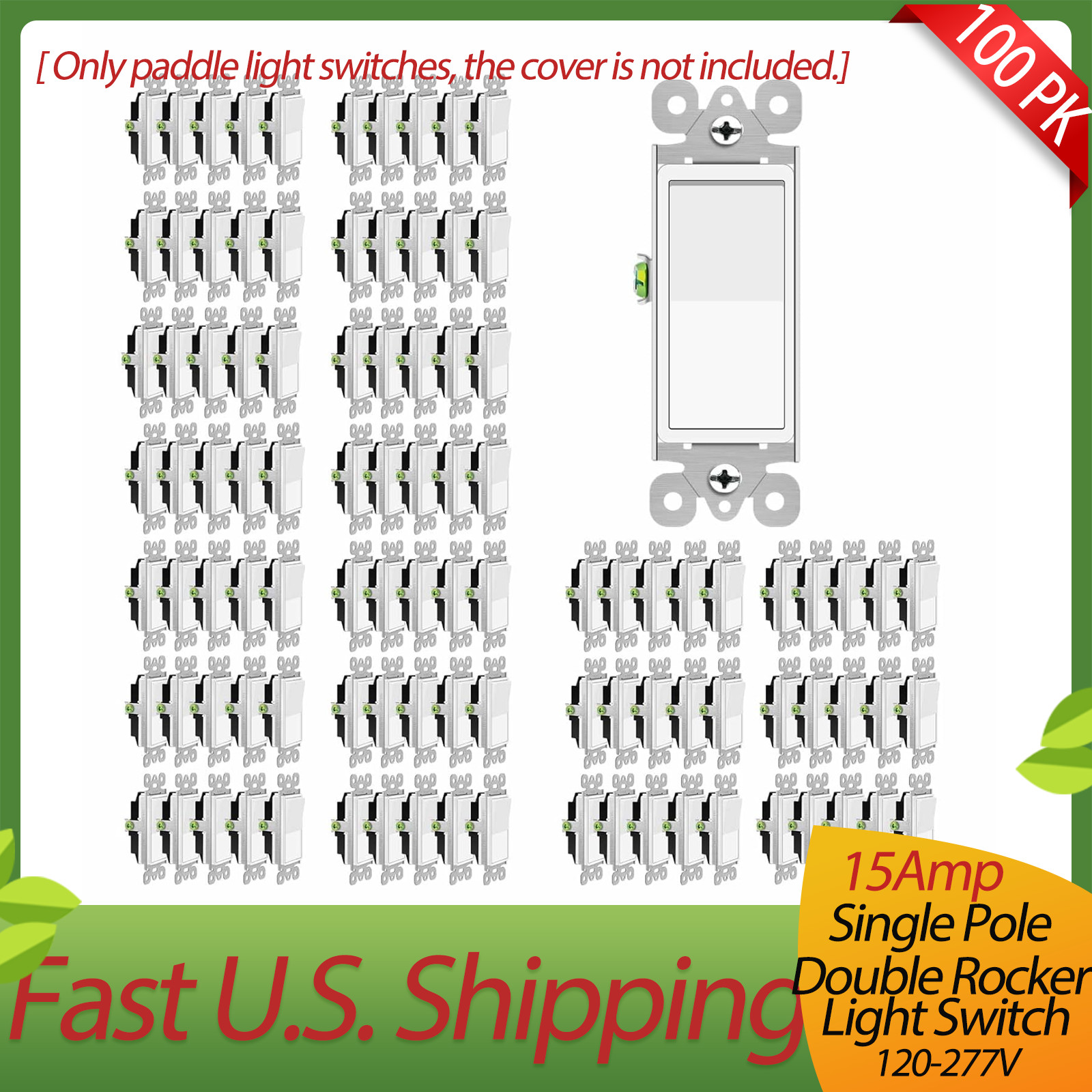 100x 15A 120V-277V Single Pole Rocker Light Switch,Home & Office, Residential,UL