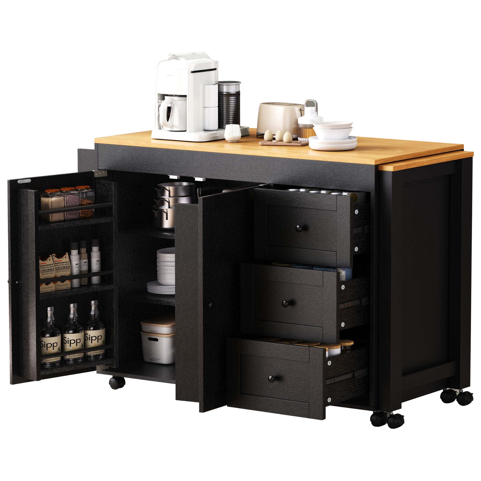 74.8 Inch Kitchen Island with Extendable Dining Table Rolling Storage Cart Power