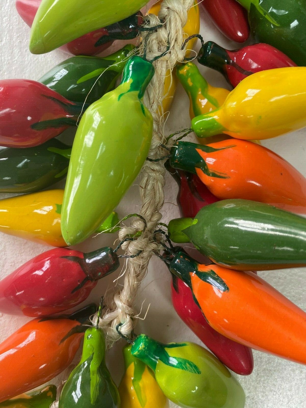 CERAMIC JALAPENO CHILI PEPPER RISTRA , MEXICO , HANGING DECOR , MULTICOLOR