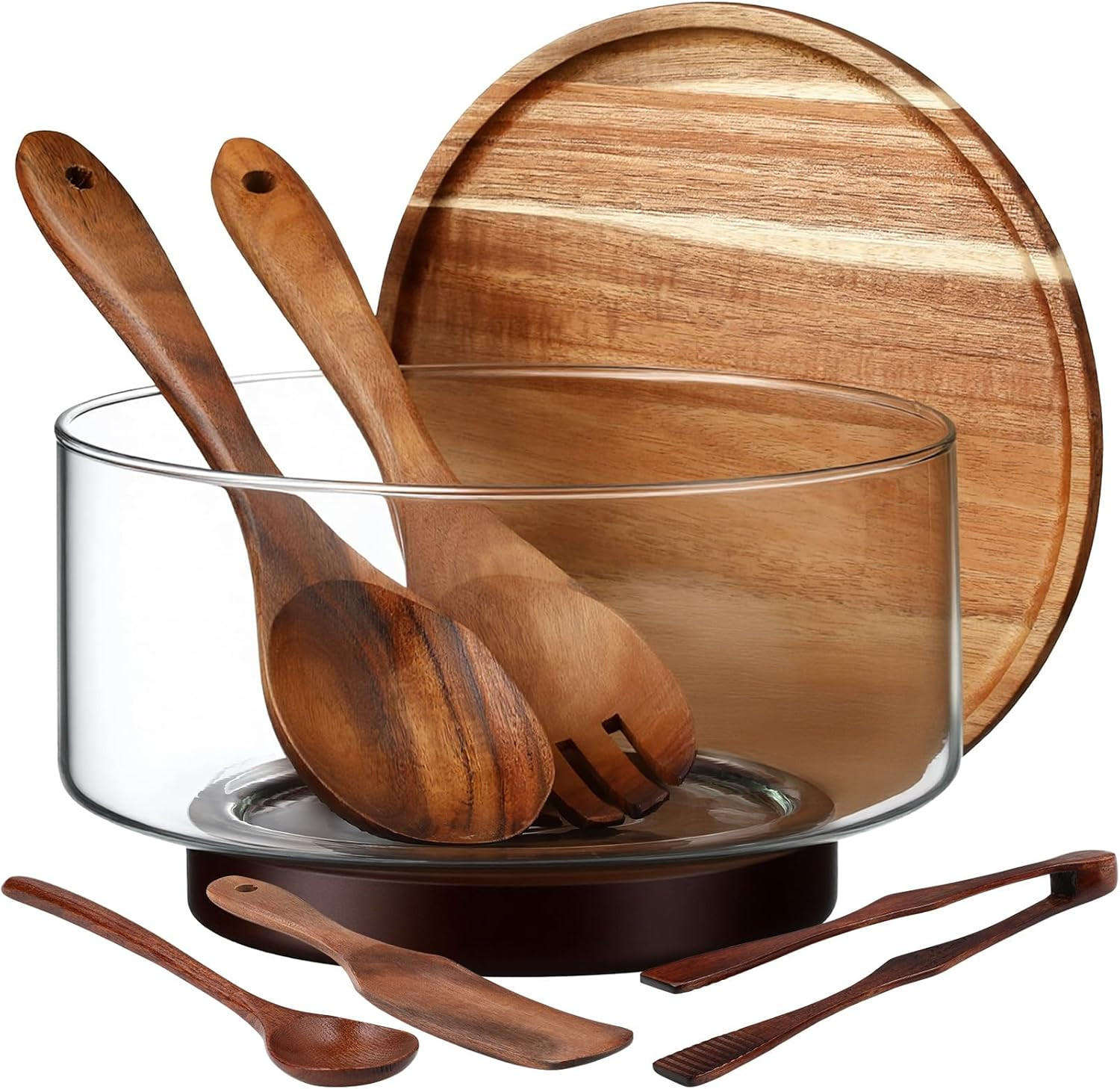 Elegant Glass Salad Bowl Set with Acacia Base, Lid & 5 Serving Utensils
