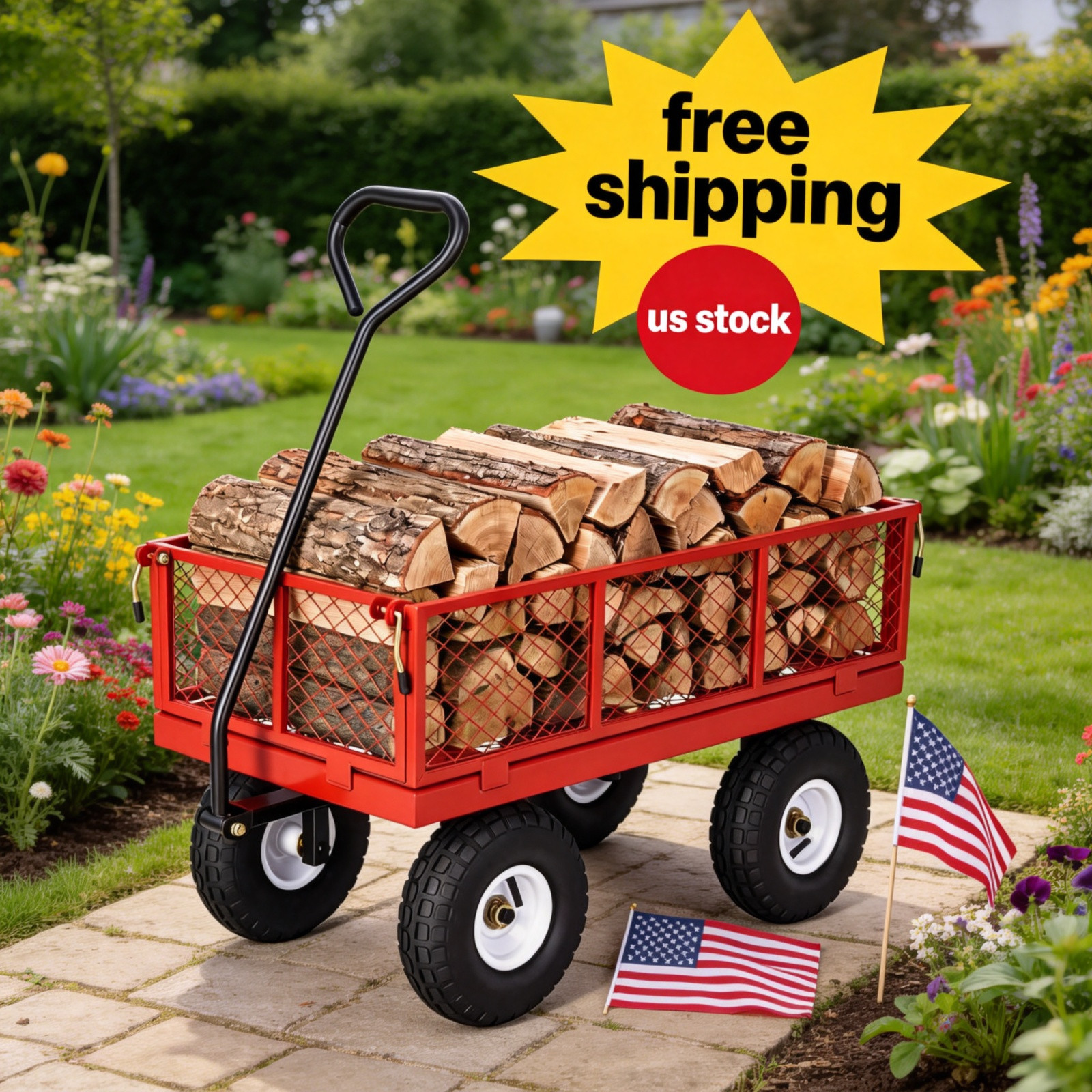 400 LBS Capacity Steel Utility Wagon with 10″ All-Terrain RED Cart, Garden