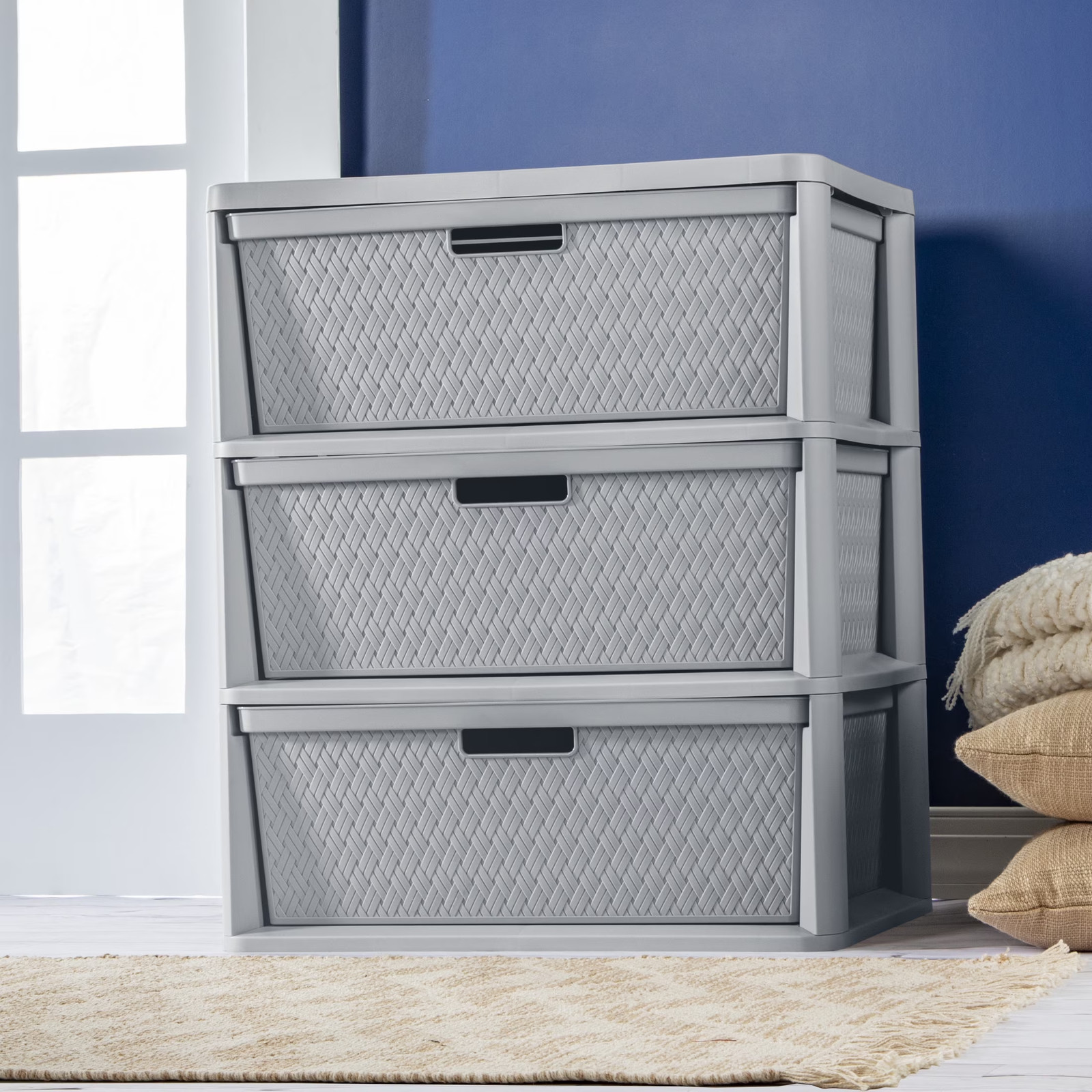 Wide 3 Drawer Tower, Plastic Storage Organizer with Removable Decorative Bins, E