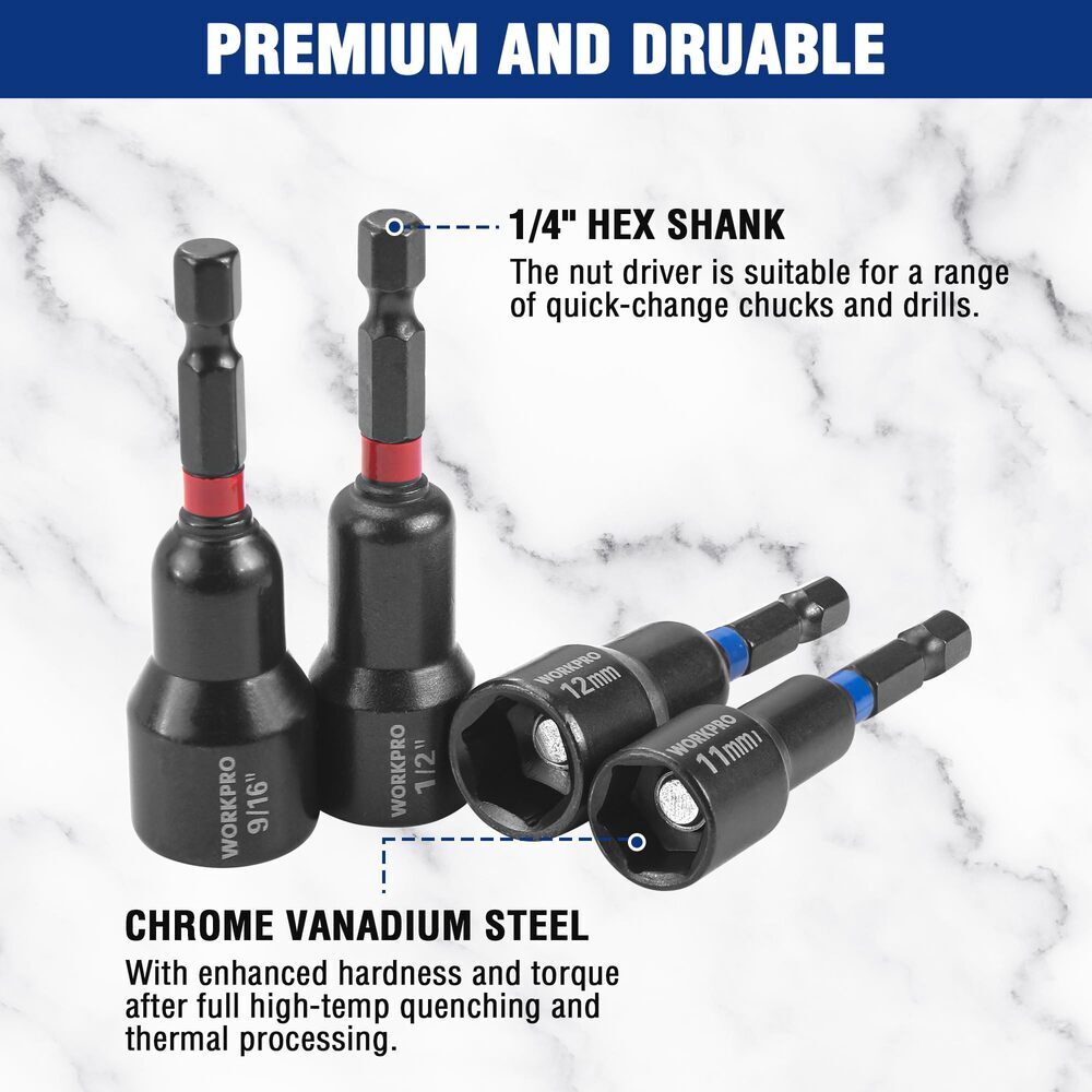 WORKPRO 39PC Magnetic Nut Driver Set Impact Drill Driver Bit 1/4″ Hex SAE&Metric