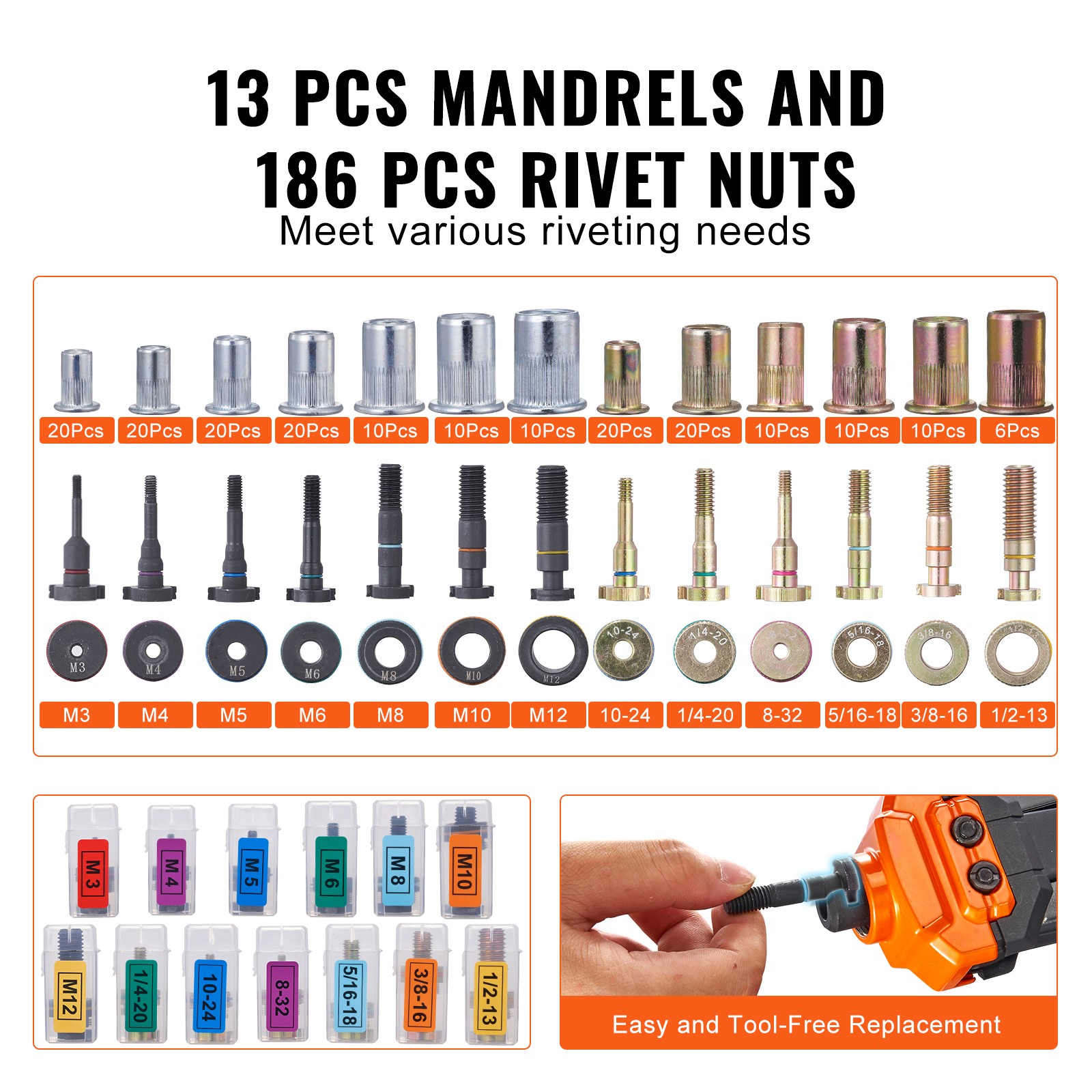 VEVOR Rivet Nut Tool 16in Rivnut Tool Kit 13PCS Mandrels and 186PCS Rivet Nuts