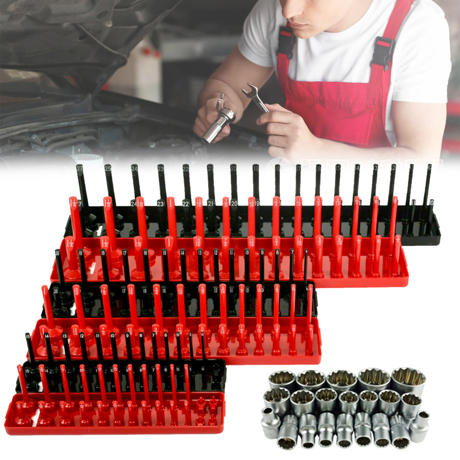 6PCS Socket Organizer Tray Set Hold 90 Metric&76 SAE Socket 1/4″ 3/8″ 1/2″ Drive