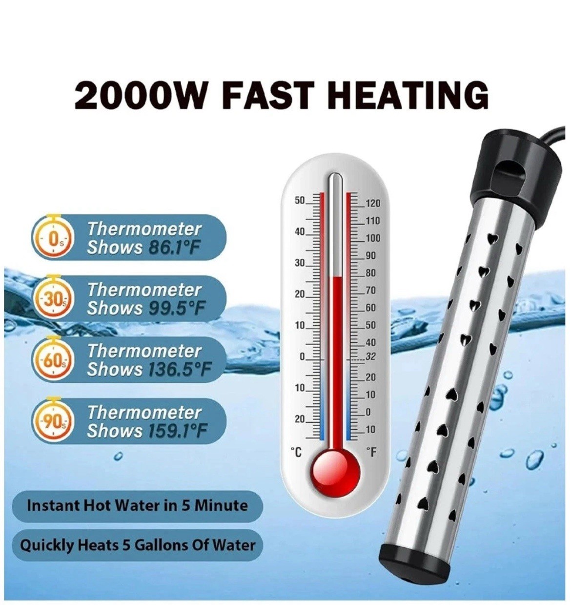 2000W Immersion Water Heater,Submersible Portable Electric Heaters 110V Us New
