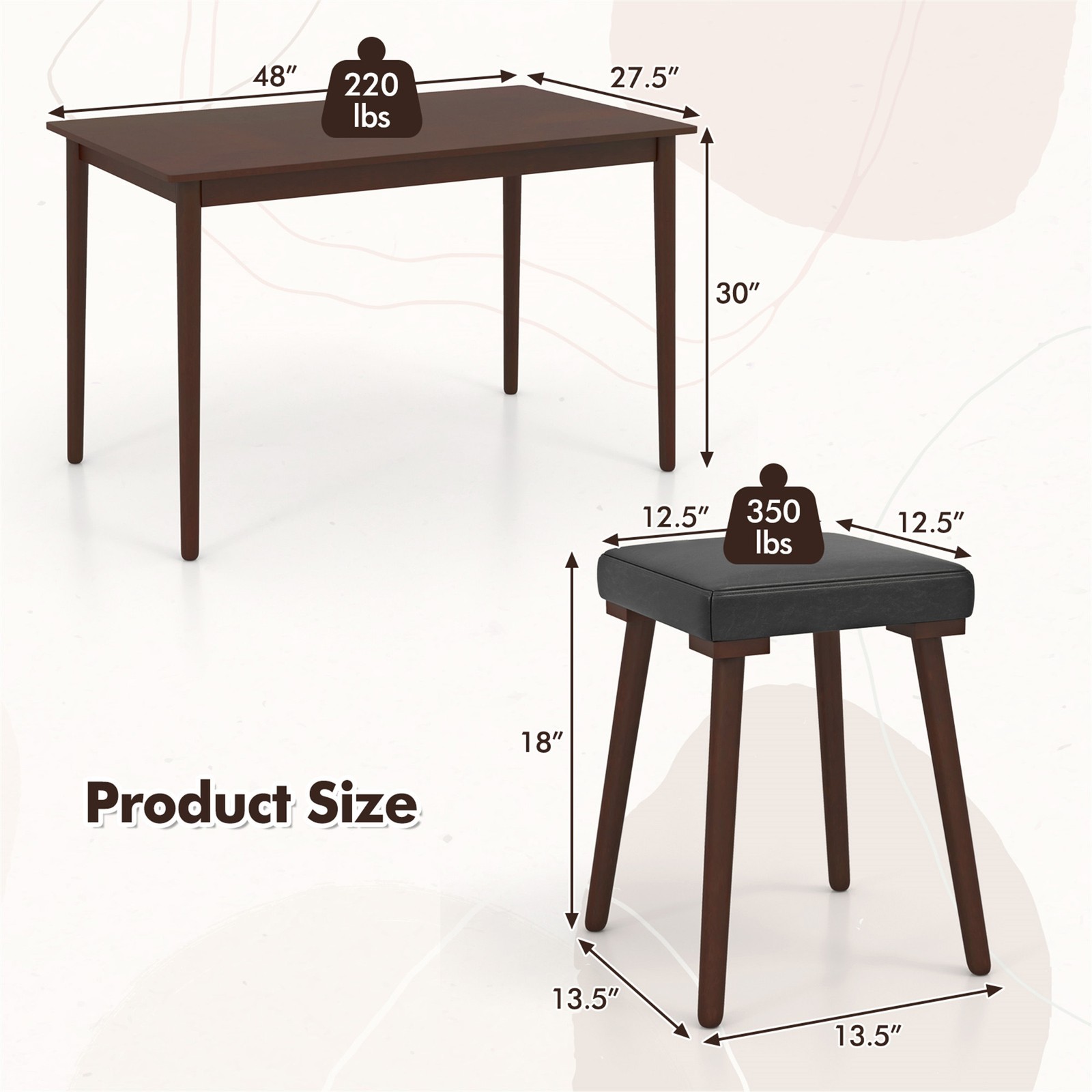 5PCS Dining Table Set for 4 w/ 4 Upholstered Stools Rubber Wood Legs for Kitchen