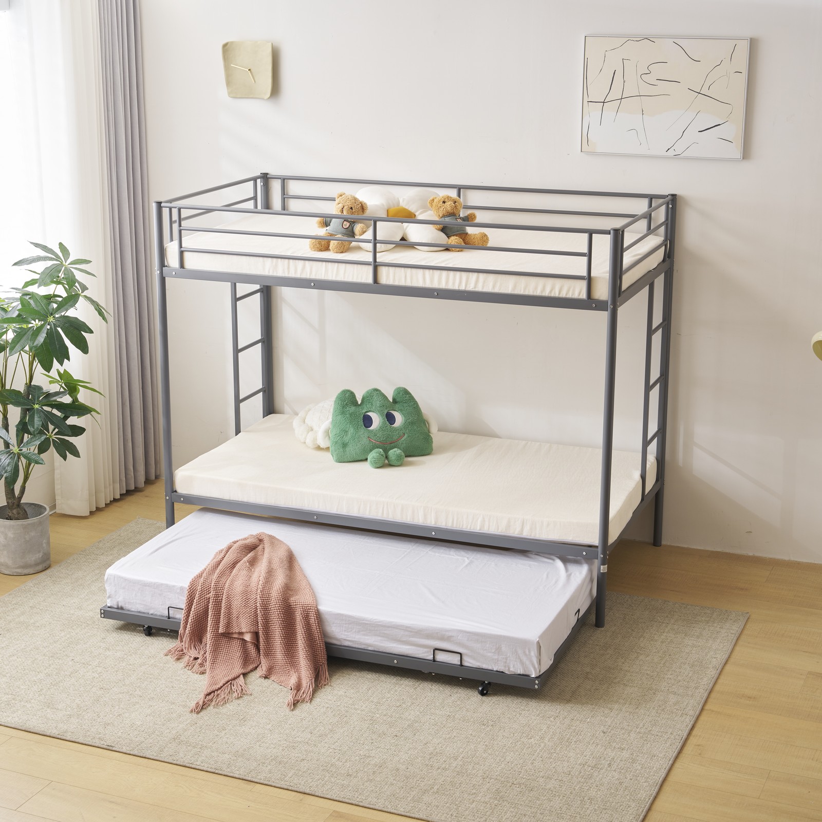 Twin Over Twin Bunk Bed with Trundle Triple Bunk Beds for Kids Teens Adults Room