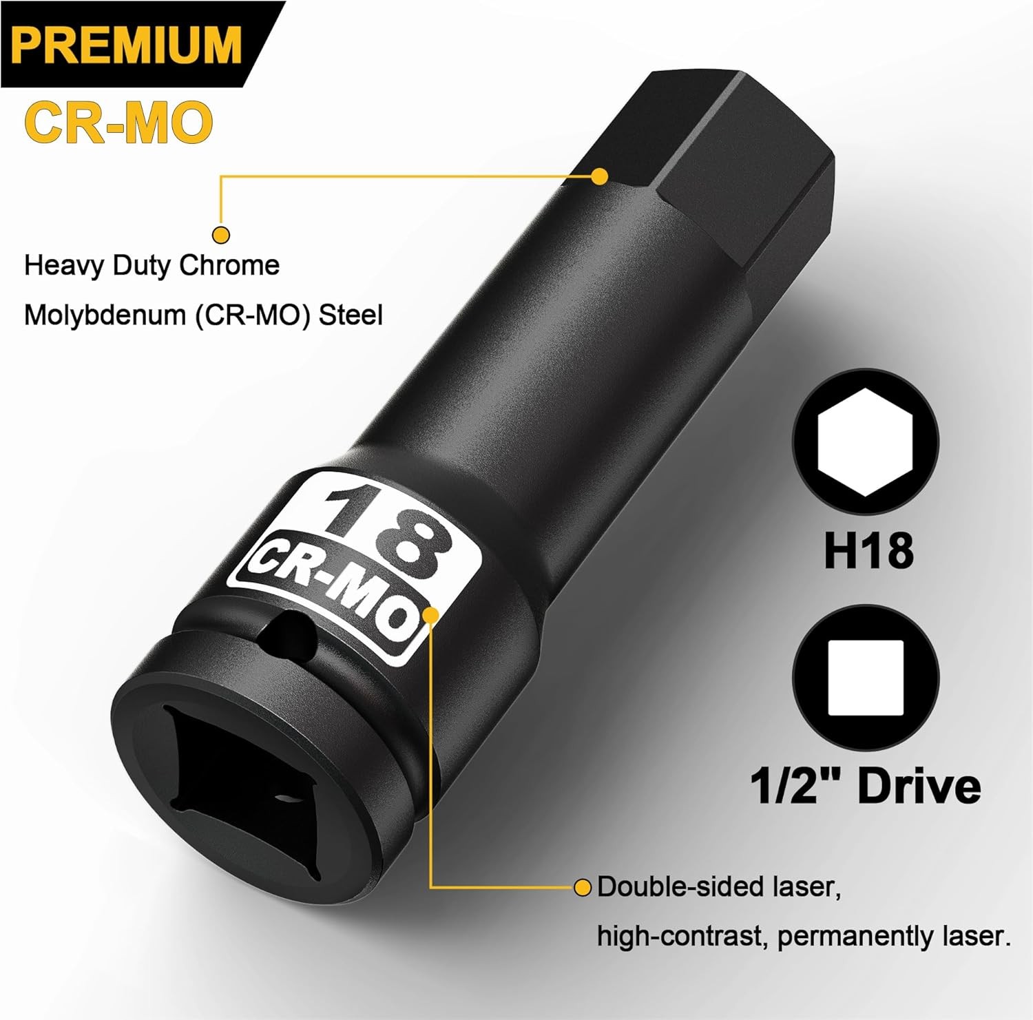 1/2-Inch Drive 18 mm Hex Impact Bit Socket, H18 Allen Metric,
