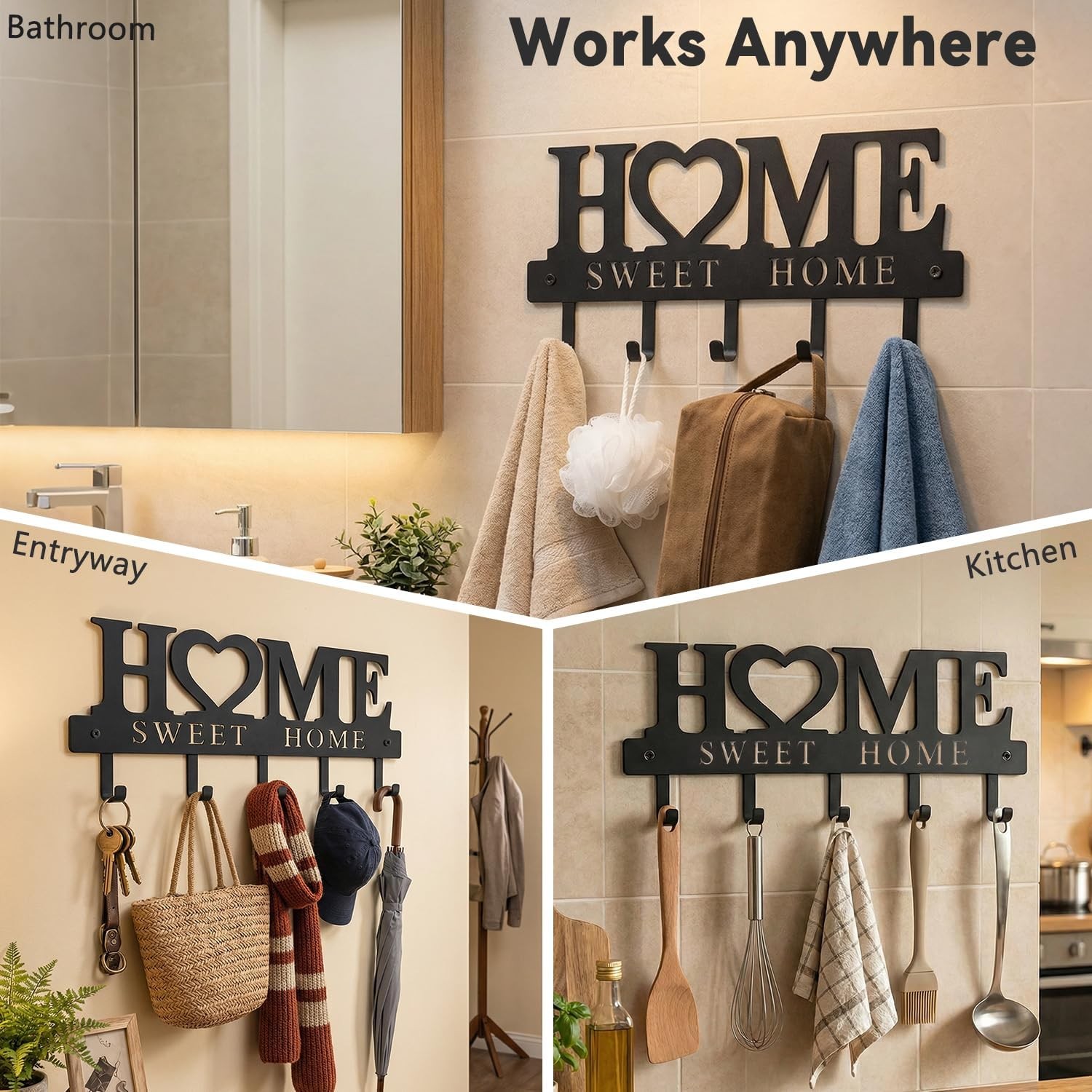 Entryway Wall Key Holder 5 Hooks Metal Key Rack Sweet Home Black 9.8in
