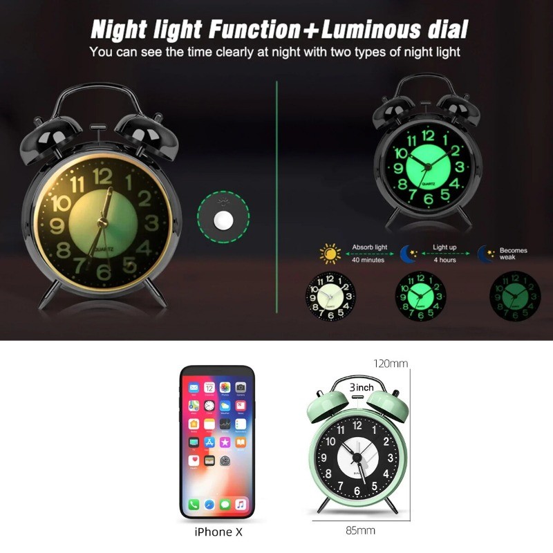Retro Twin Bell Alarm Clock Quartz Silent Luminous Dial Nightlight Analog Clock
