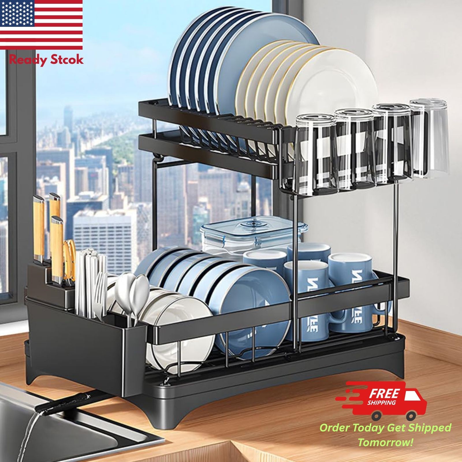 2 Level Over Sink Drying Rack Dish Drainer with Cutlery Holder Stainless Steel