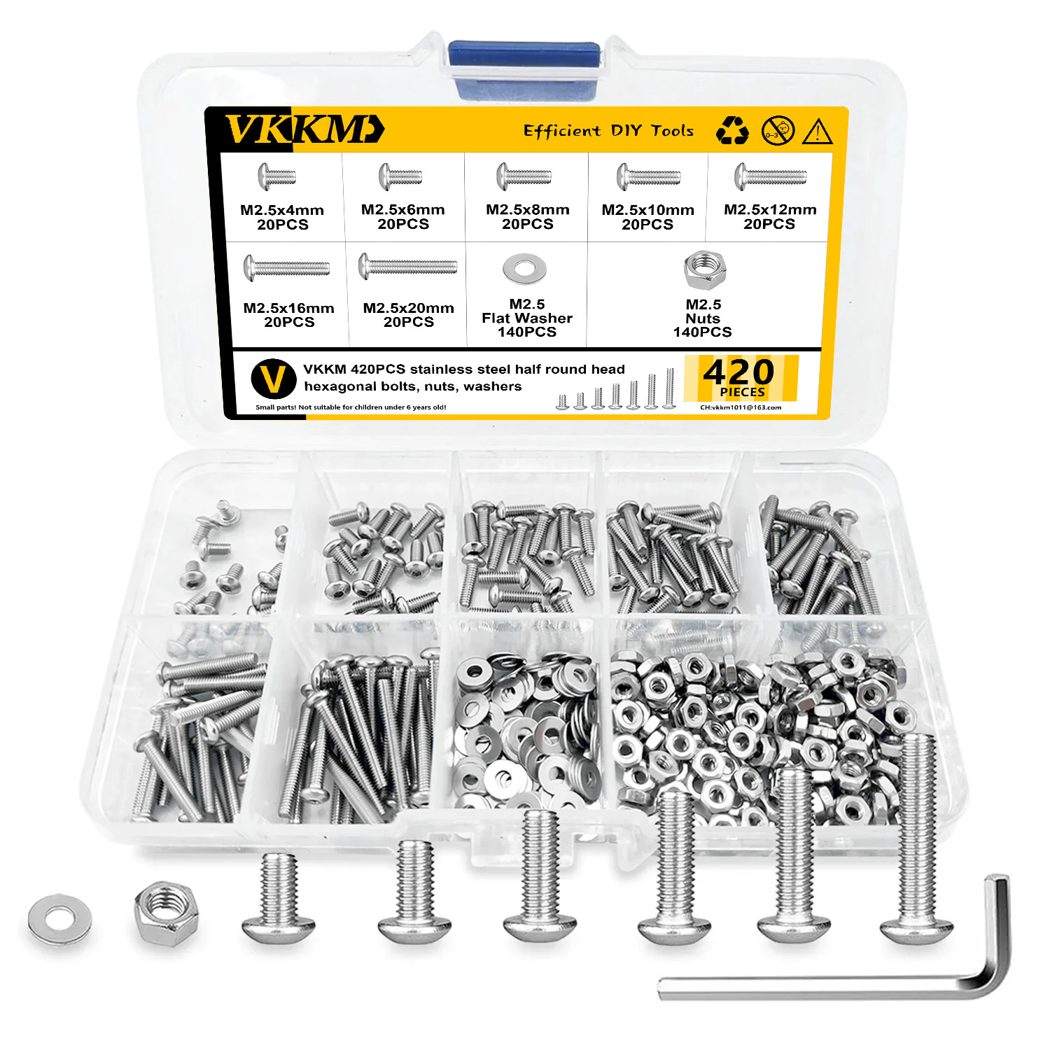 VKKM 420Pcs 304 SS M2.5 Metric Hex Head Bolts Screws Nuts Washers Kit