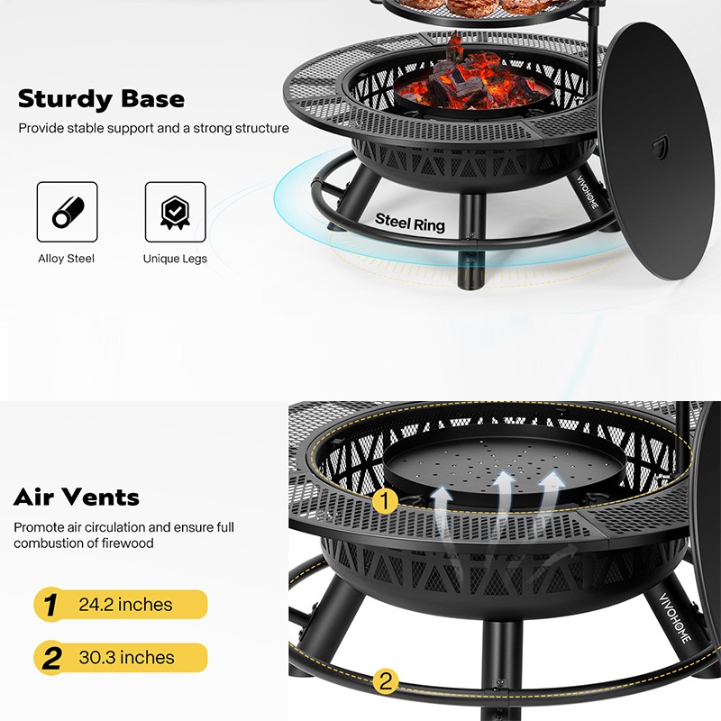 35” Outdoor Wood Burning Round Fire Pit Barbecue Pit BBQ Backyard Fireplace
