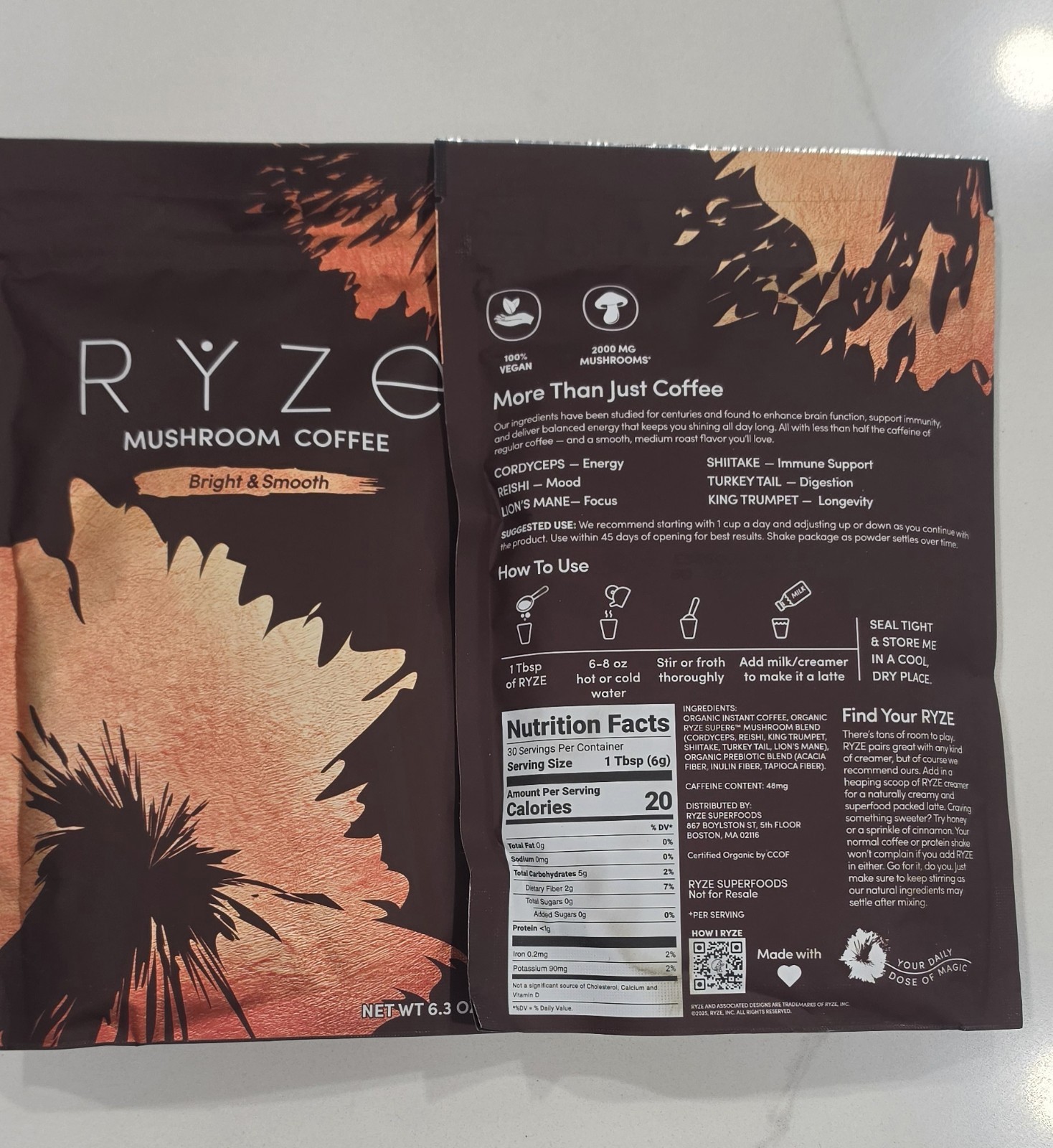 2-Packs RYZE MUSHROOM Coffee Bright & Smooth Gut Health Supplement 30 Servings