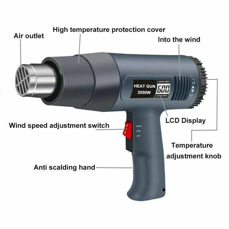 2500W Heat Gun Electric Hot Air Gun w/ Dual-Temperature LCD Show 4 Nozzles Tool
