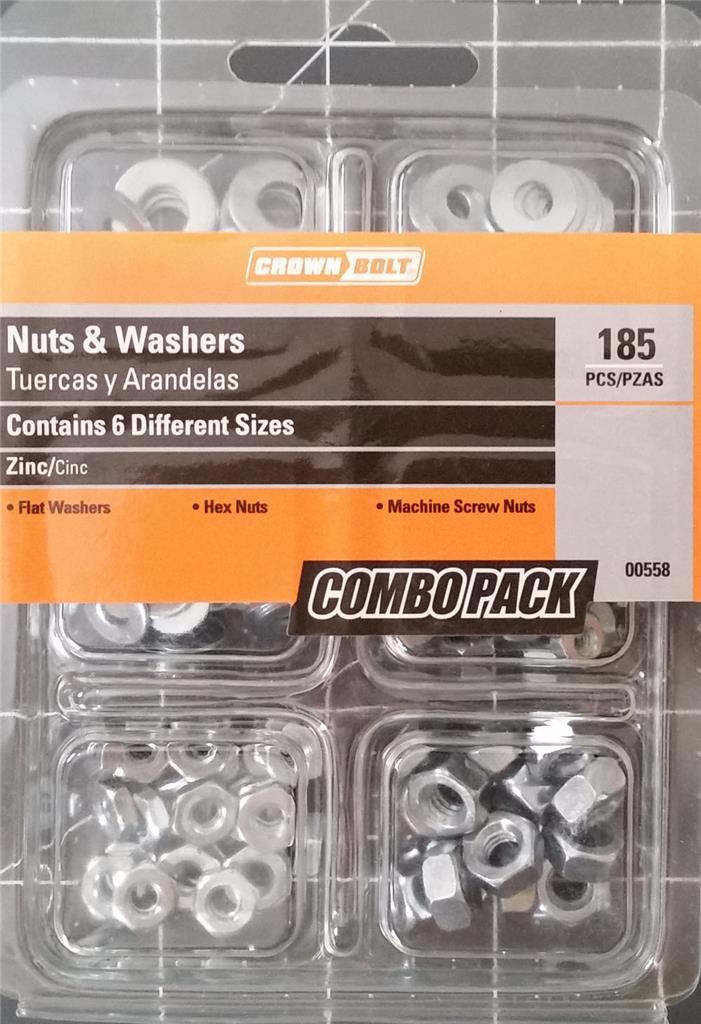 185 Pcs Nuts & Washers Combo (Flat Washers, Hex Nuts, Machine Screw Nuts)