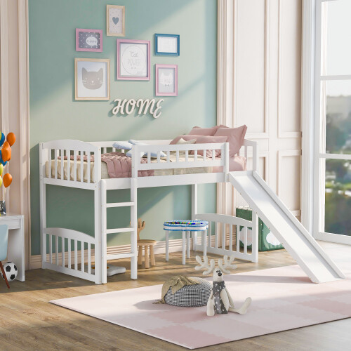 Wood Loft Bed with Slide Loft Bunk Bed Platform Bed Frames For Kids Teens Adults