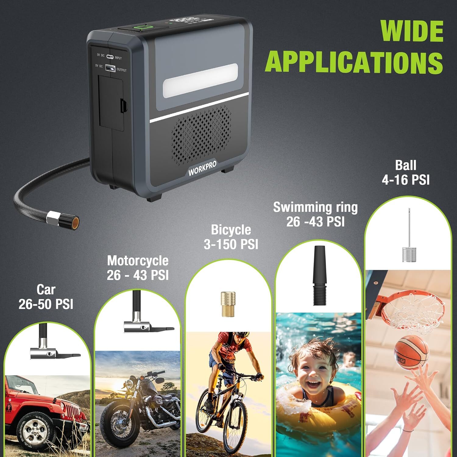 WORKPRO Tire Inflator Portable Air Compressor-12V w/7500mAh Battery150PSI 3-in-1