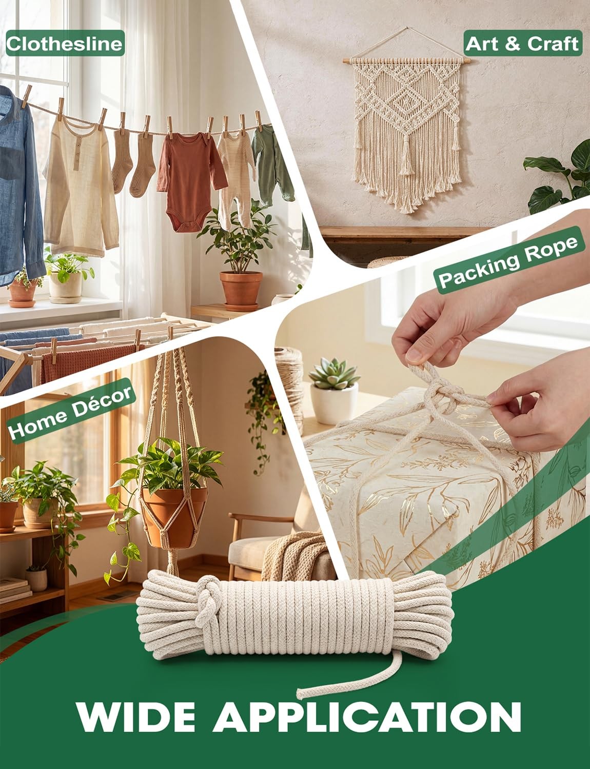 Braided Cotton Rope 100 Ft Ãƒâ€” 3/16 Inch White Rope Clothes Line Outdoors All-