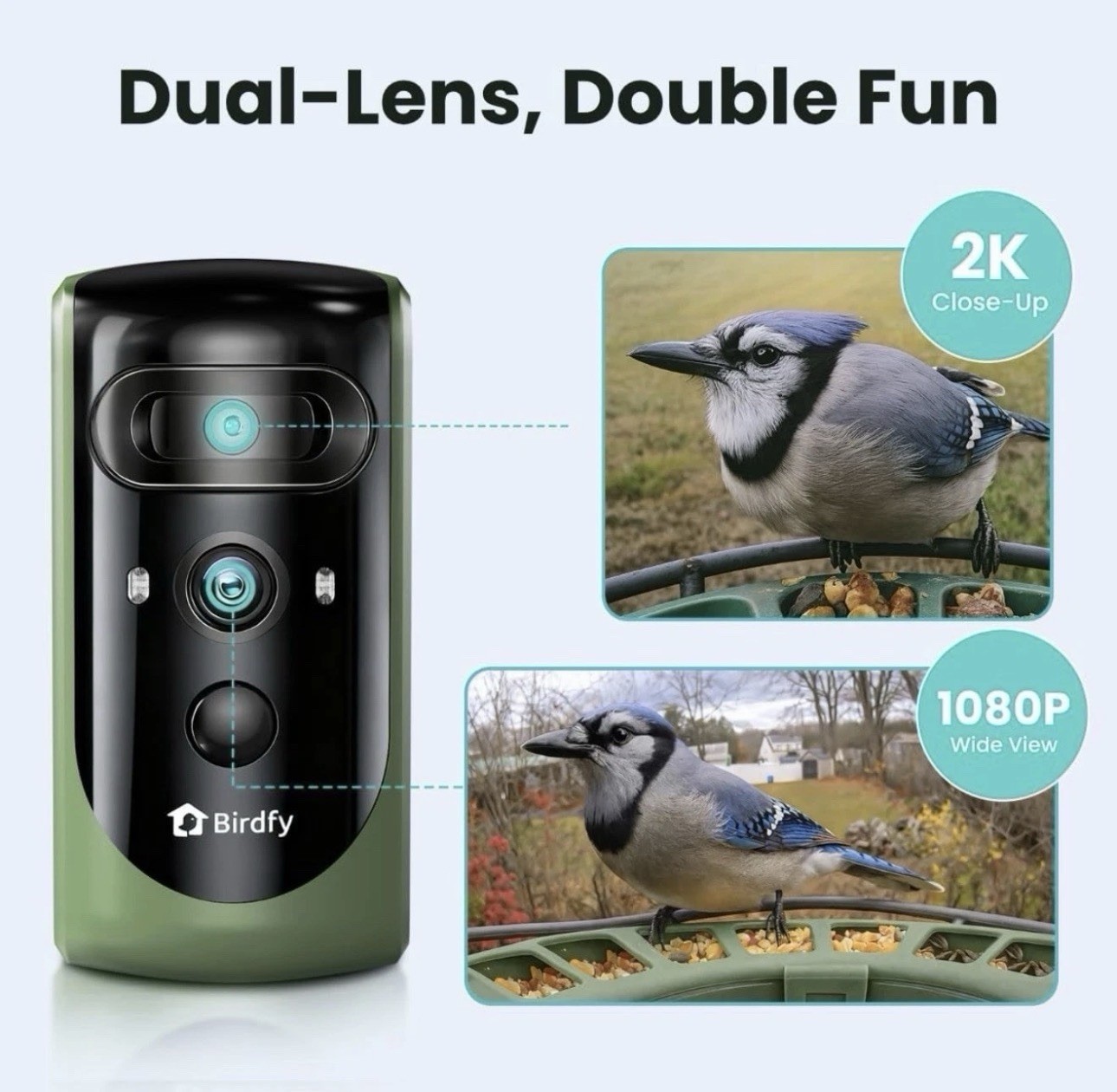 Birdfy Smart Bird Feeder 2 Pro Dual-Lens Camera Solar Powered Green Seed