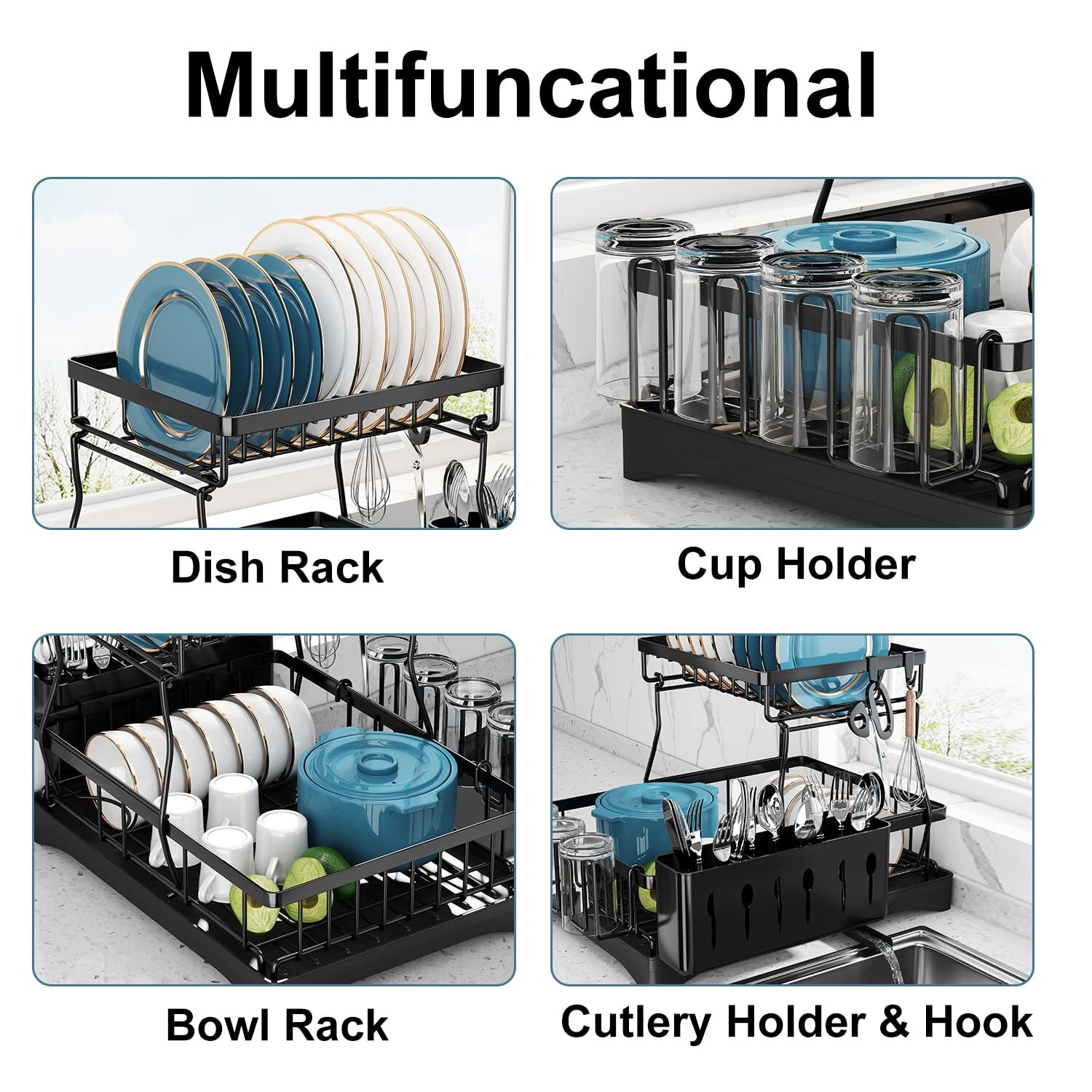 Dish Drying Rack, 2-Tier Dish Racks for Kitchen Counter, Dish Rack W/ Drainboard