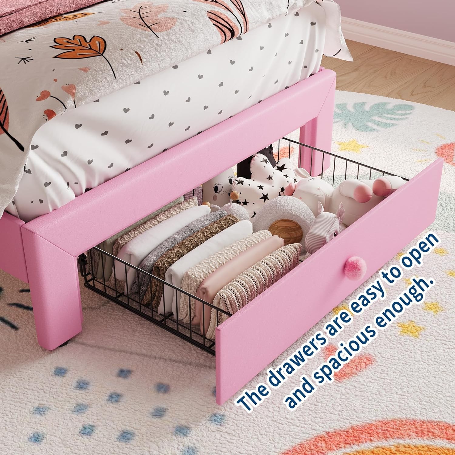 Twin Size Upholstered Bed Frame w/ Storage Drawer & LED Headboard for Kids/Girls