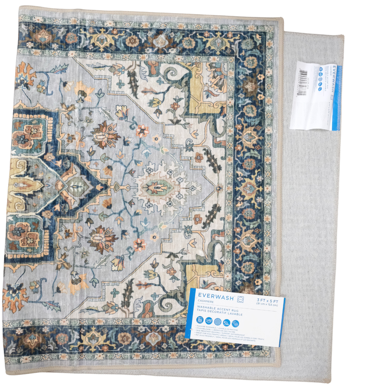 EVERWASH Light Grey Cashmere Washable Accent Rug 3FTx5FT Anti-Slip 91cm x 153cm