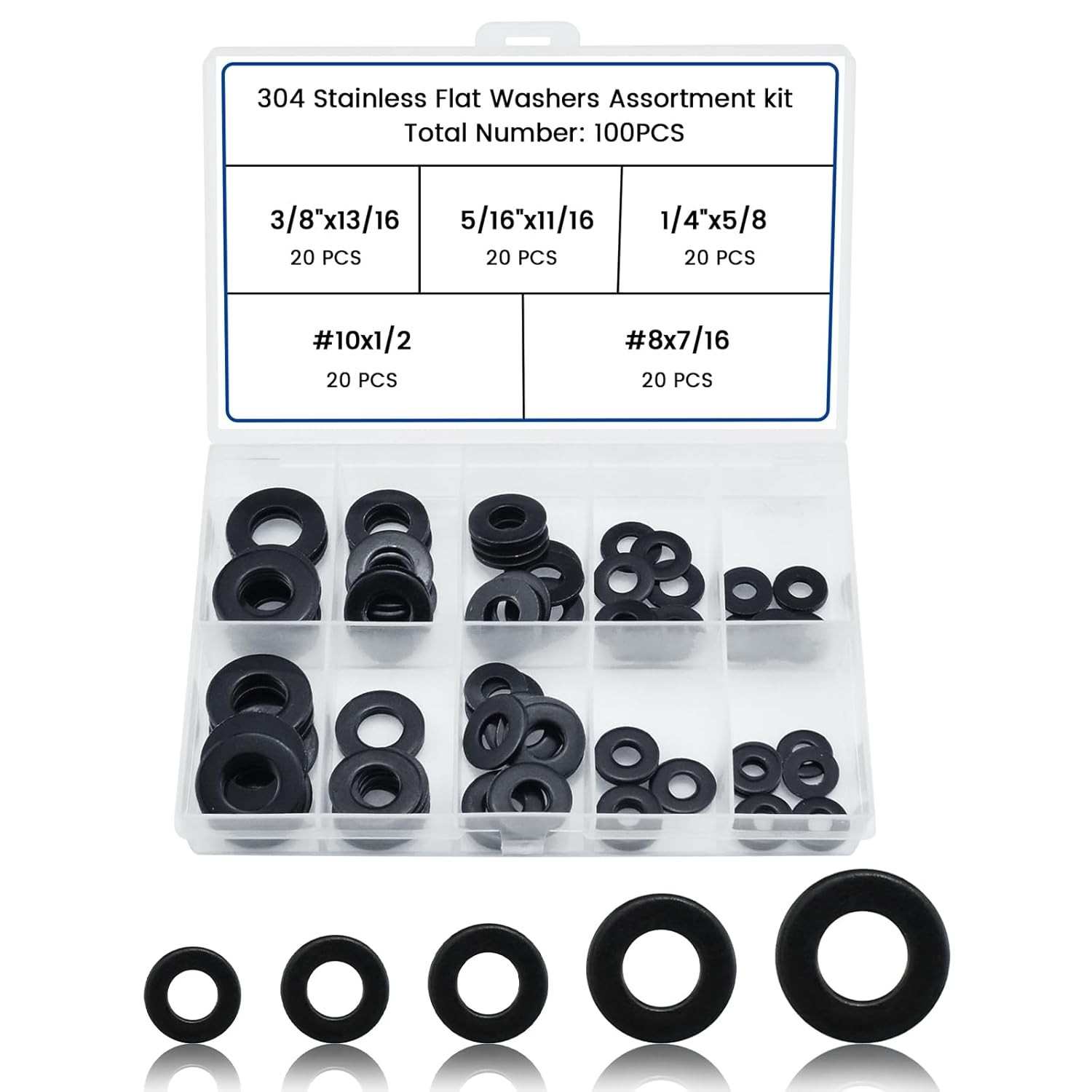100 Pcs 5 Sizes Washers Assortment Kit, Black 304 5 Sizes-Black 100pcs