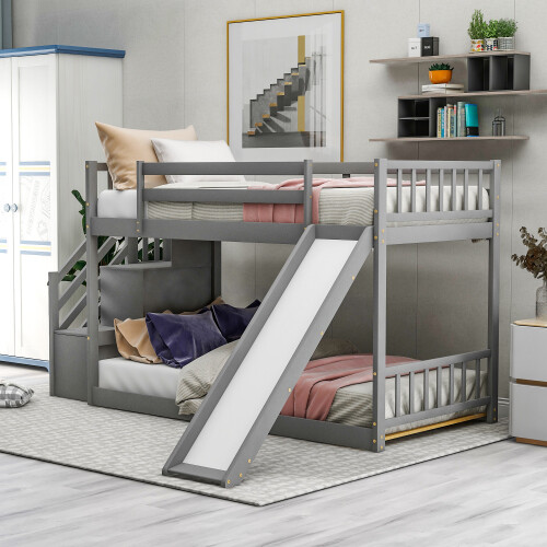 Stairway Wooden Bunk Bed w/ Slide Low Floor Bed for Kids Teens Adults,White/Gray