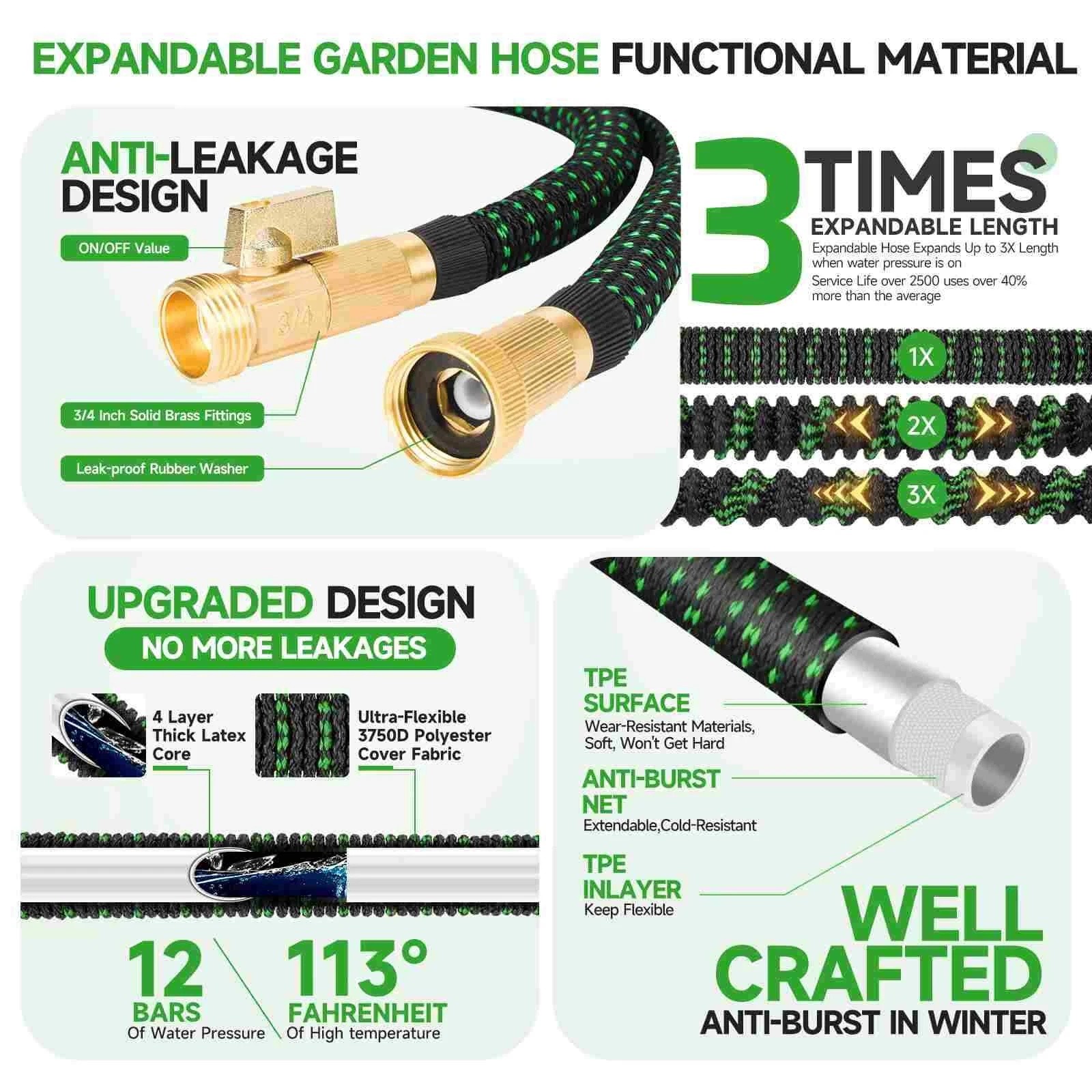 100FT Expandable Garden Water Hose Pipe w/ 10 Spray Nozzle Flexible 3X Expand