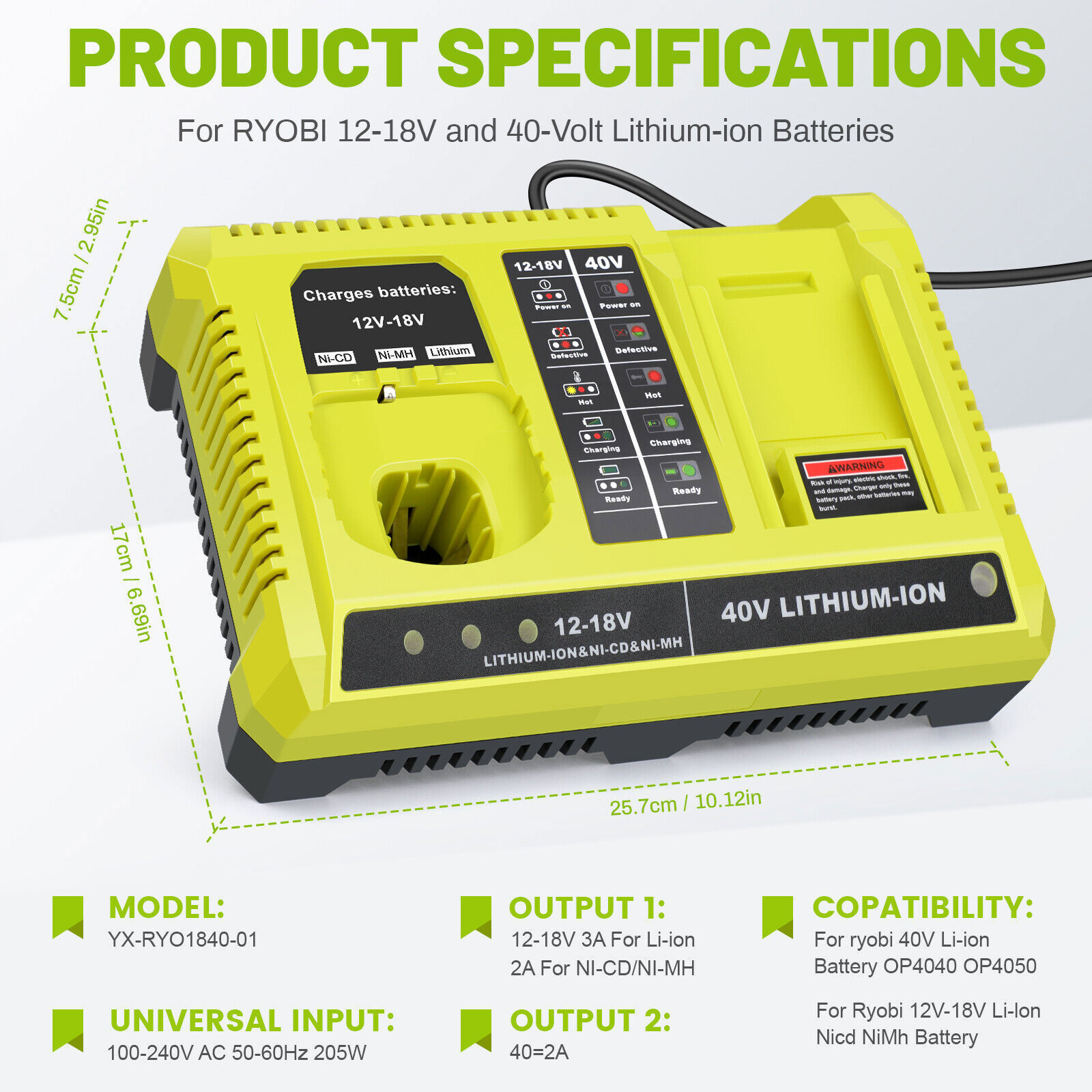 Battery Charger for Ryobi 18V 40V Lithium-Ion Ni-Cd One+ Plus P117 P119 OP4060