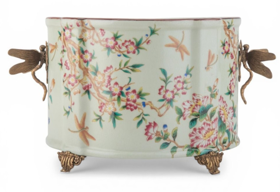 Porcelain Oval Planter with Ormolu Dragonfly Handles-Floral Vine-14” x 8”H