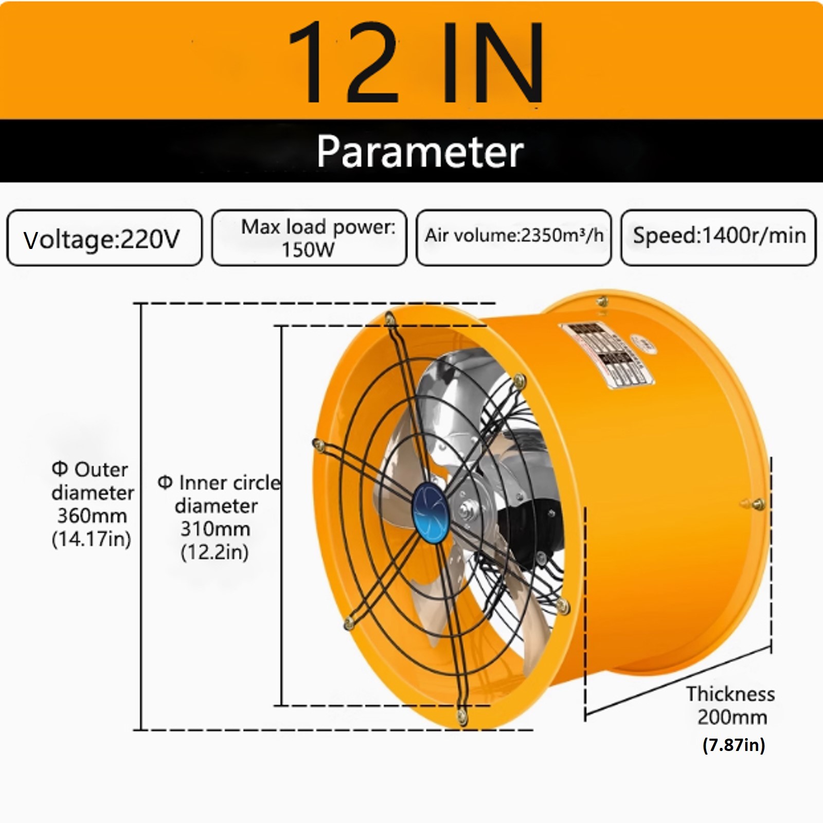 Explosion Proof Fan Utility Blower Fan 12In Axial Fan Extractor Exhaust Fan 220V