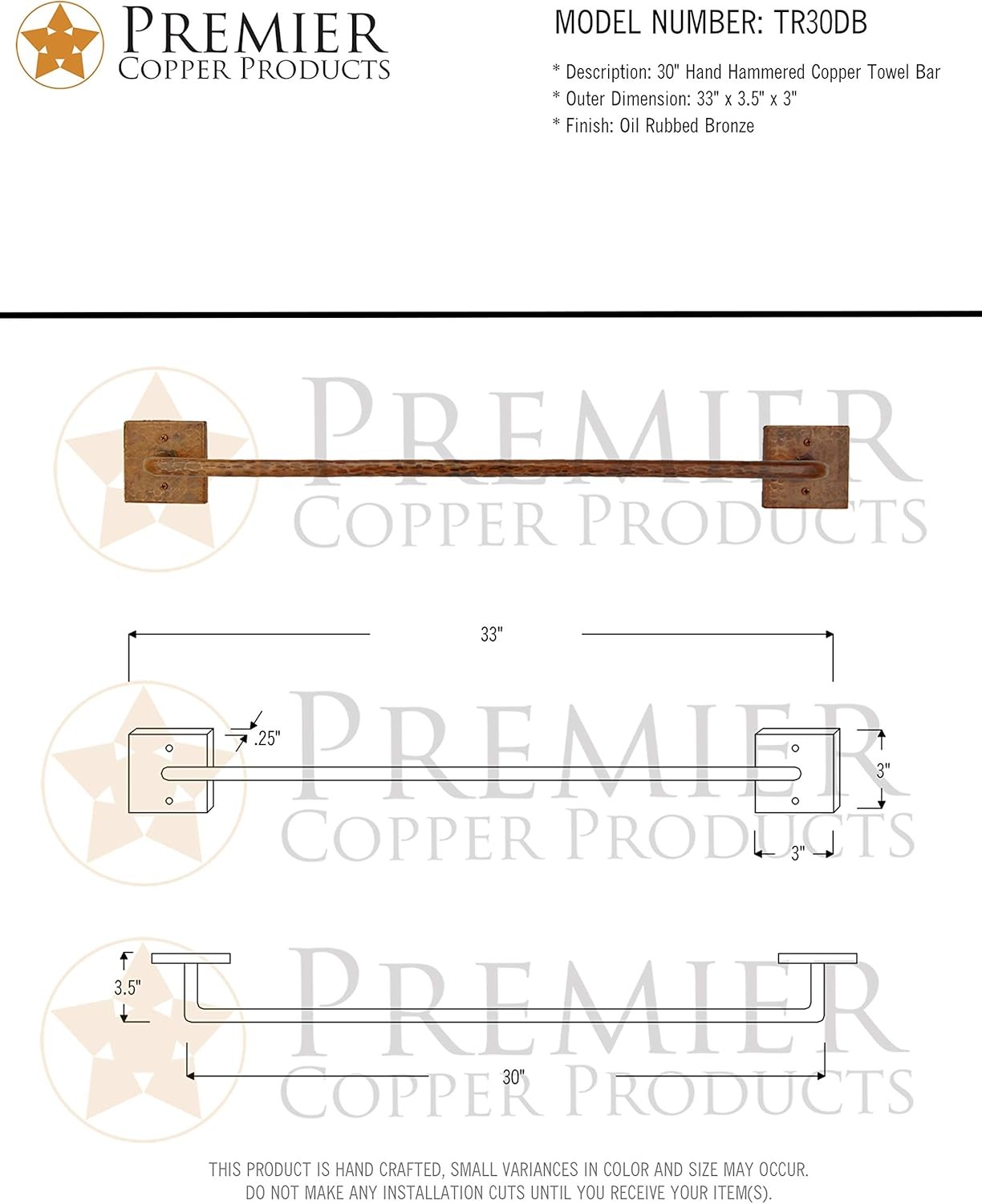 TR30DB 30-Inch Hand Hammered Copper Towel Bar, Oil Rubbed Bronze
