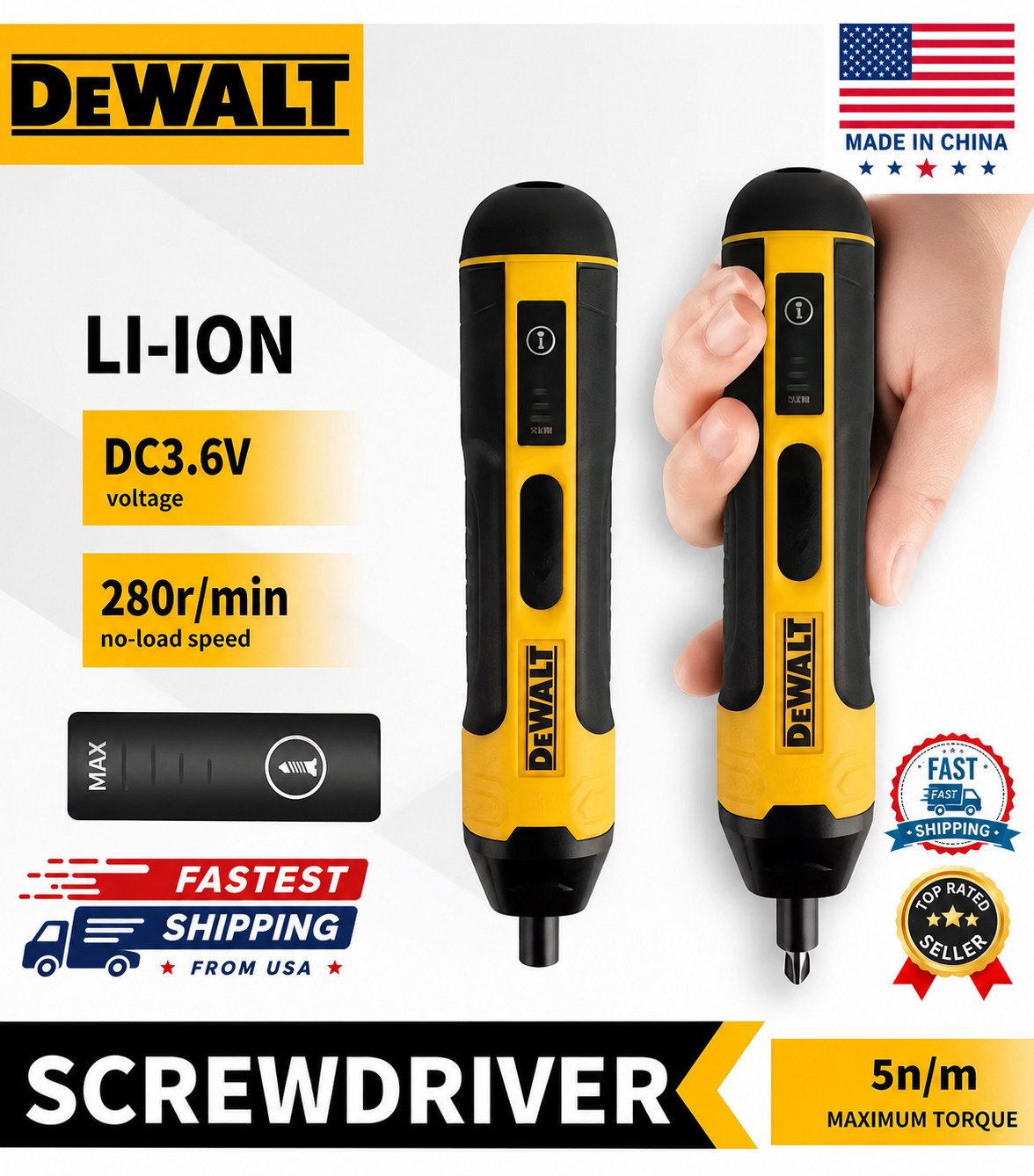 New DEWALT Cordless Electric Screwdriver 1300mAh USB Rechargeable Free Shipping