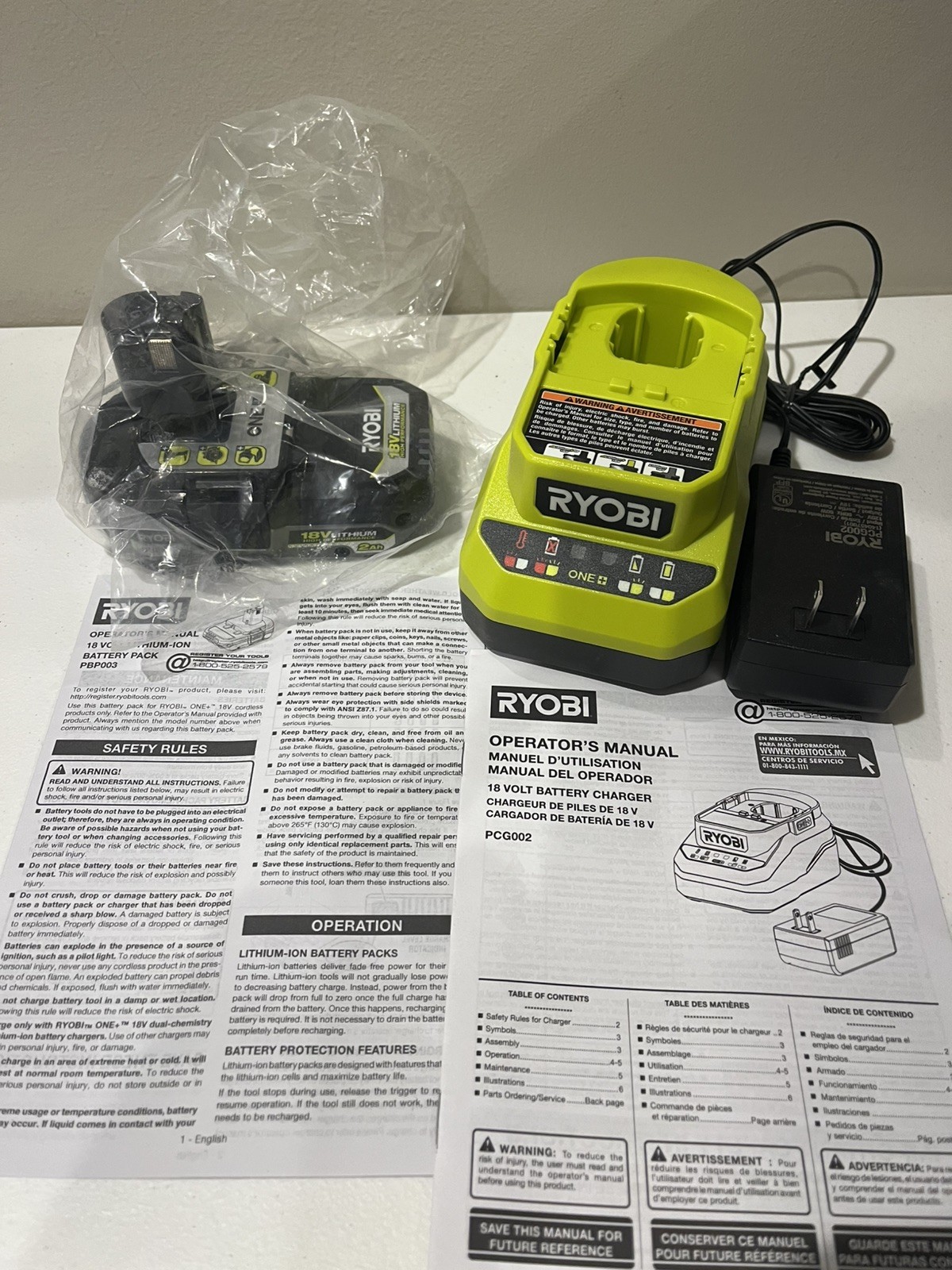 NEW Ryobi ONE+ 18V 2.0 Ah Lithium-Ion Battery PBP003 w/Ryobi PCG002 Charger