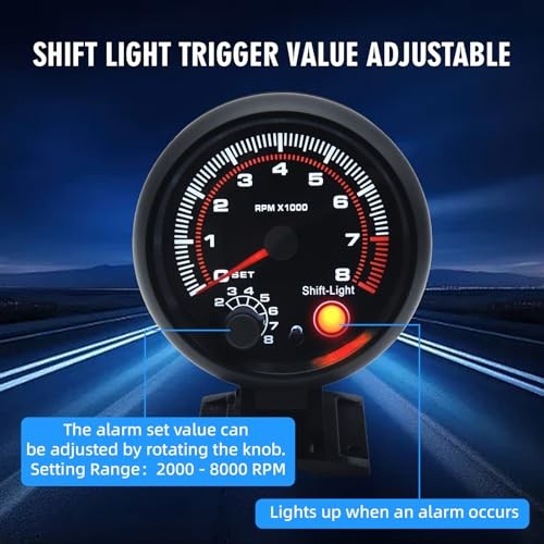 RPM Tachometer Gauge with Shift Light for Car 0-8000 RPM 3-3/4″ 95mm Tach