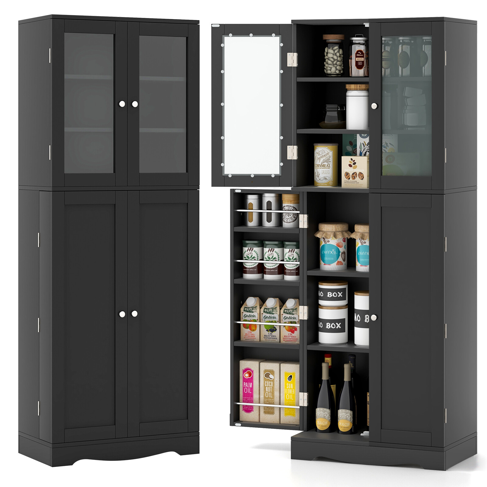 63.5″ Tall Kitchen Pantry Storage Cabinet w/ Glass Door Storage Shelves Black