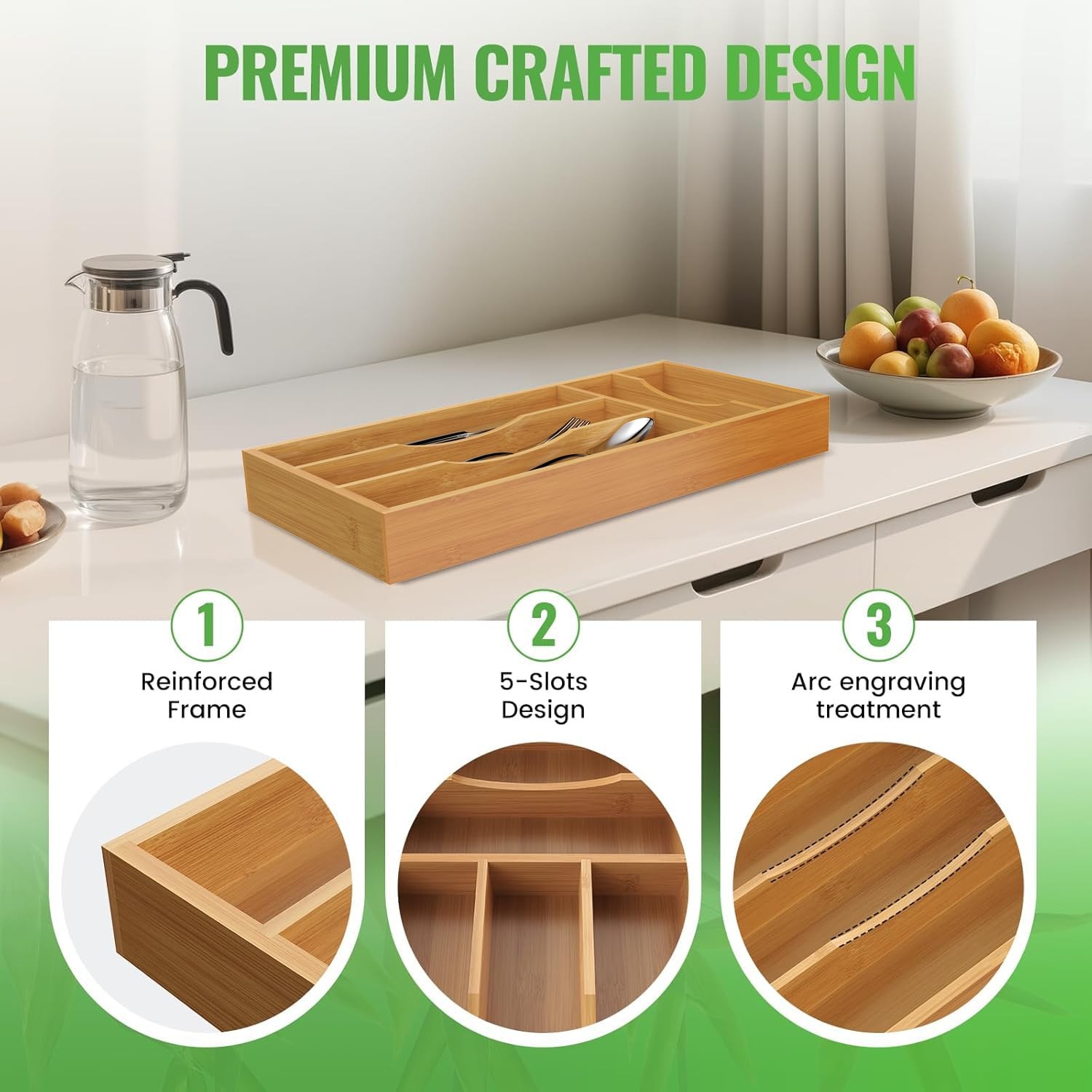 Bamboo Silverware Organizer for Kitchen Drawer Cutlery Utensil Tray 6.7×14.2 in.